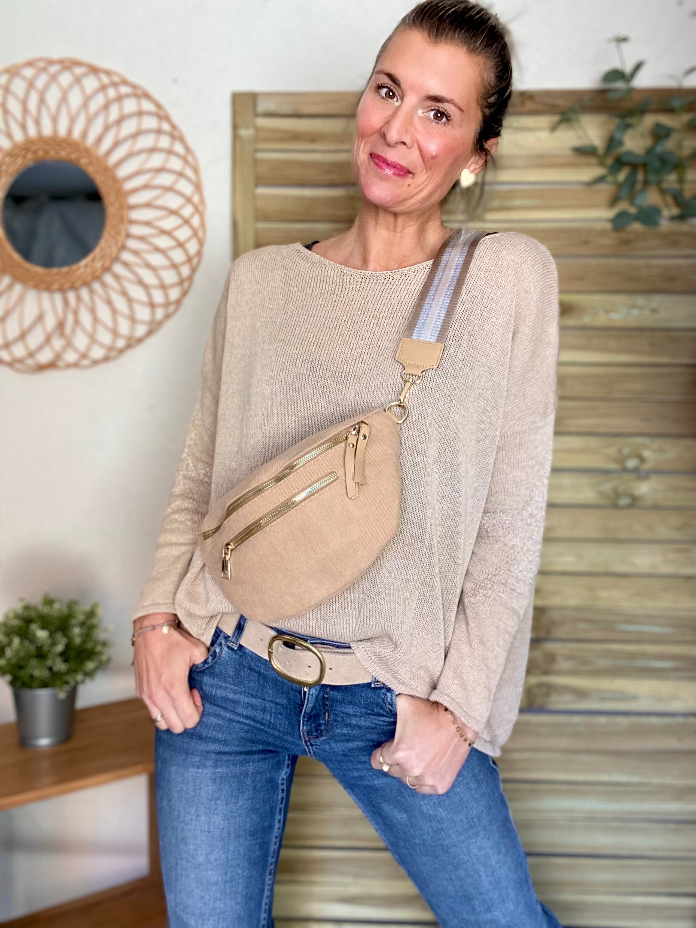 Sac banane L en velours côtelé 2 zips et sangle fantaisie - ASHLY - Beige foncé