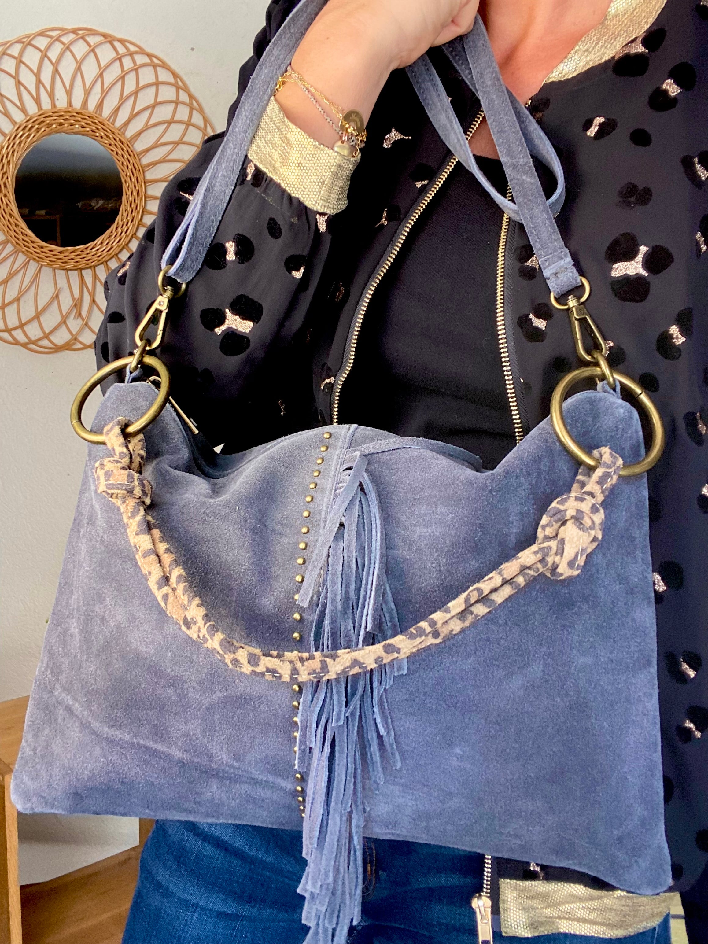 ⚡️PÉPITES FRIDAY - Sac en cuir daim 2 bandoulières (Léo et gris) - Gris foncé - BROOKLYN