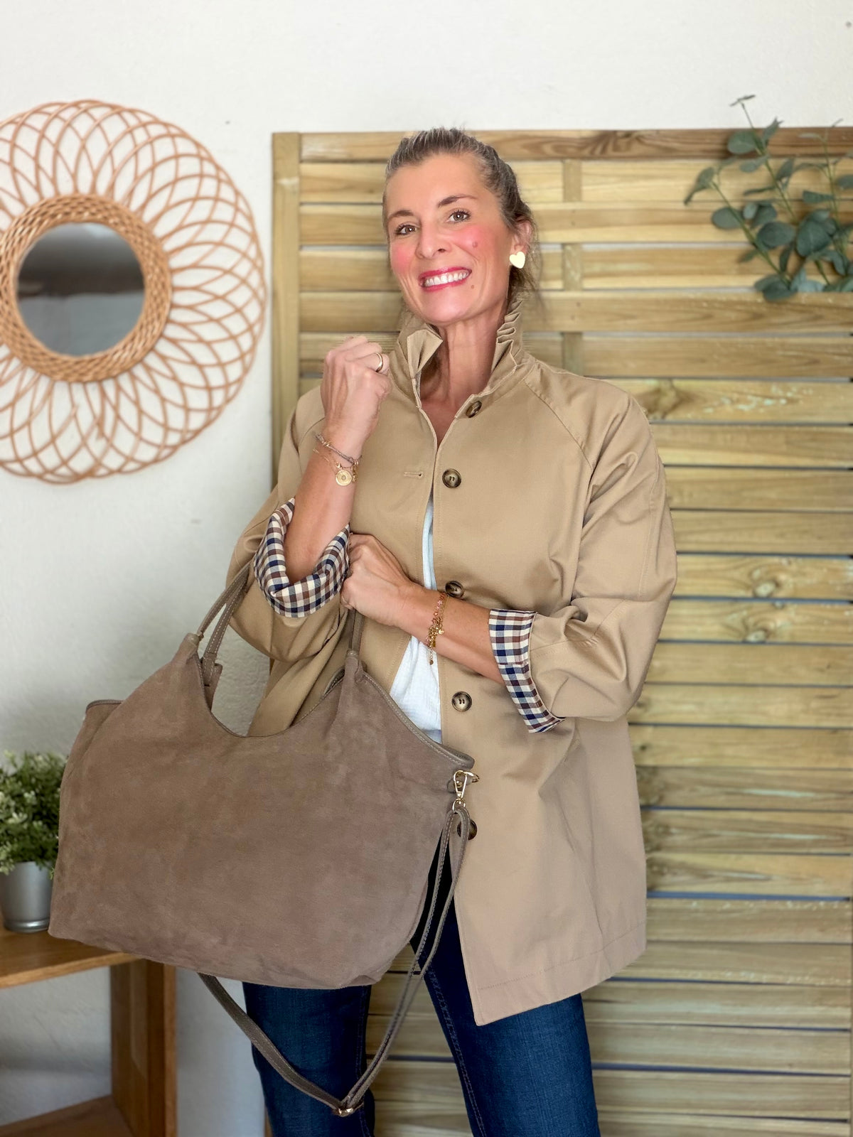 Veste Trench mi-long col victorien avec carreaux - ANDY Beige taupe