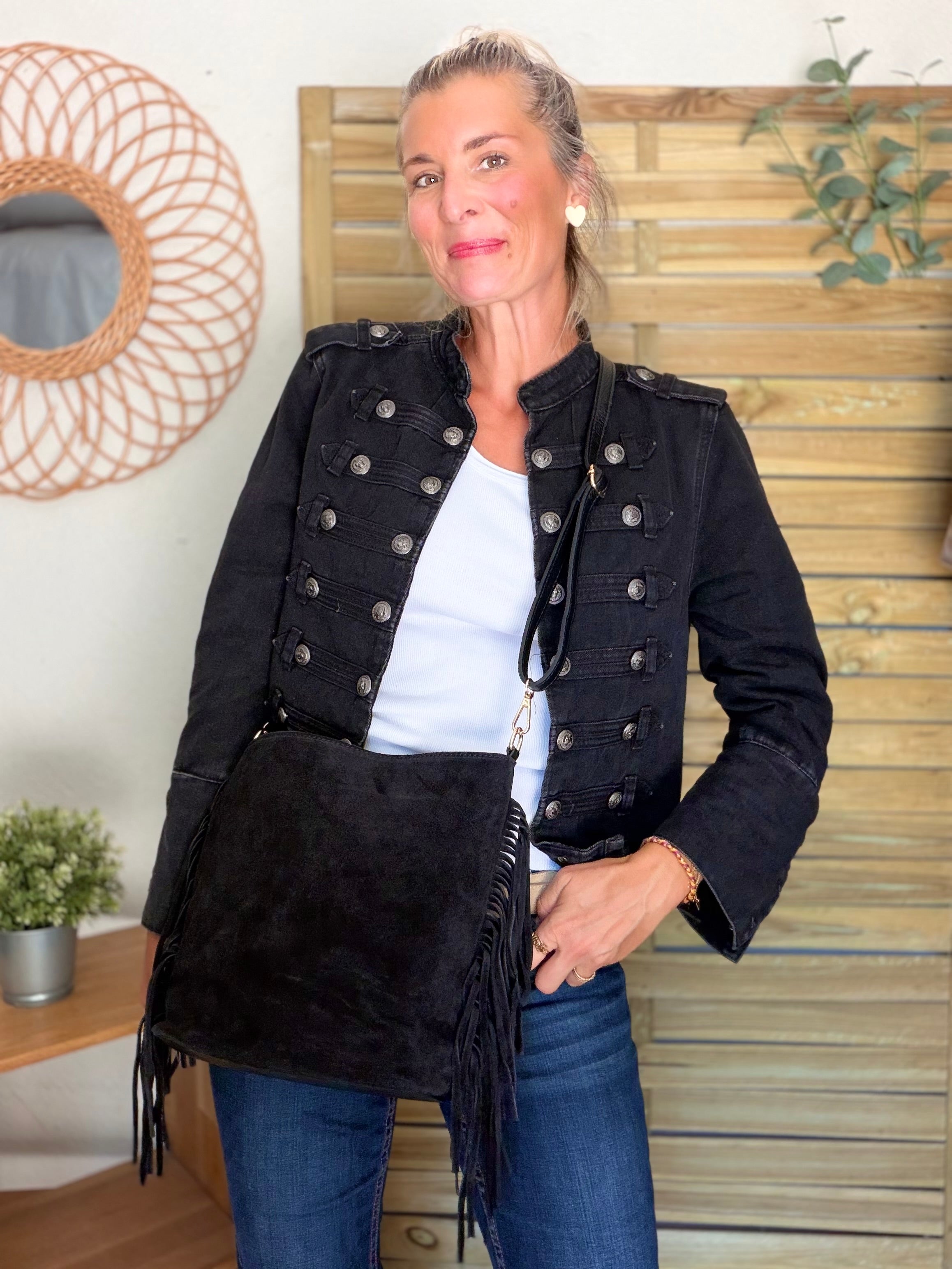 Sac seau en cuir daim avec franges KYLIE - Noir