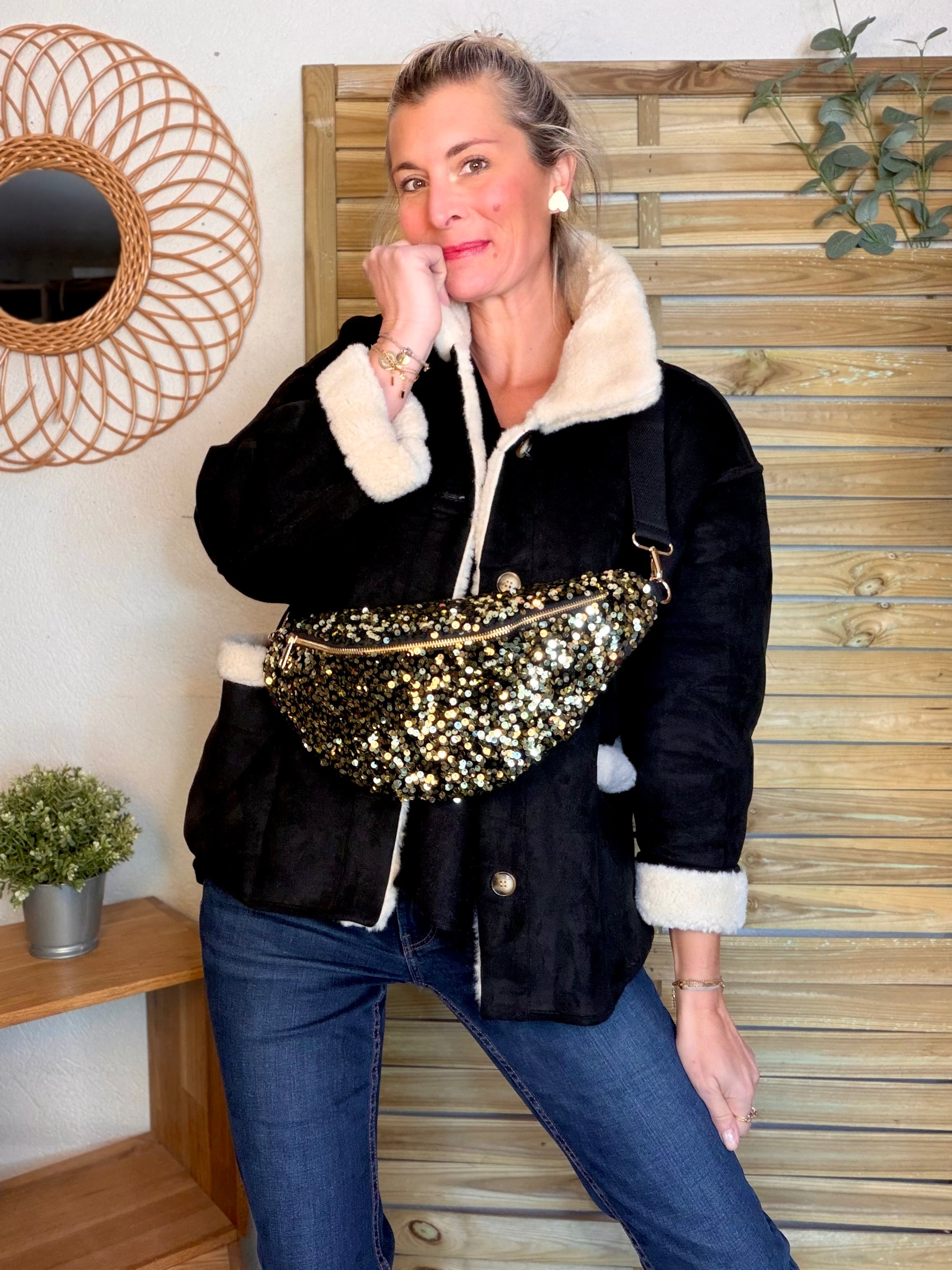 Sac banane L velours à sequins Ciao Boum - TAYLOR - Noir à sequins dorés