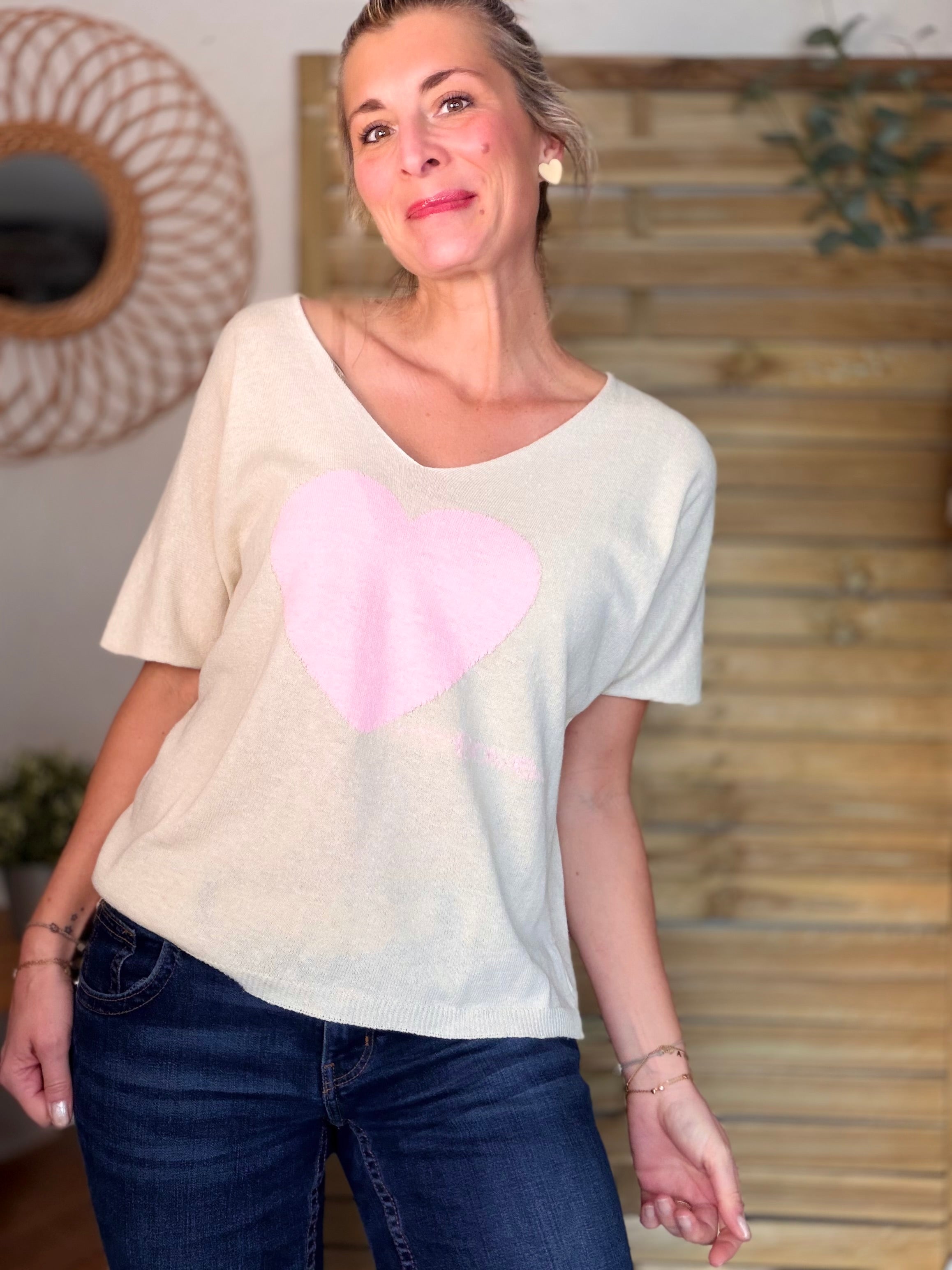 Pull fin col V gros cœur rose 🩷 PÉNÉLOPE