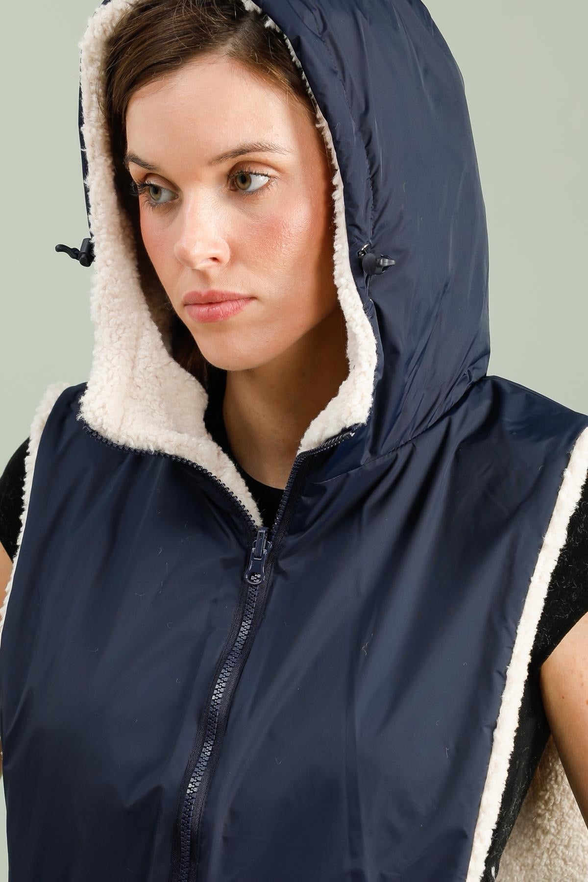 Col capuche amovible réversible TONY - LAURA JO - Bleu marine / Sherpa écru