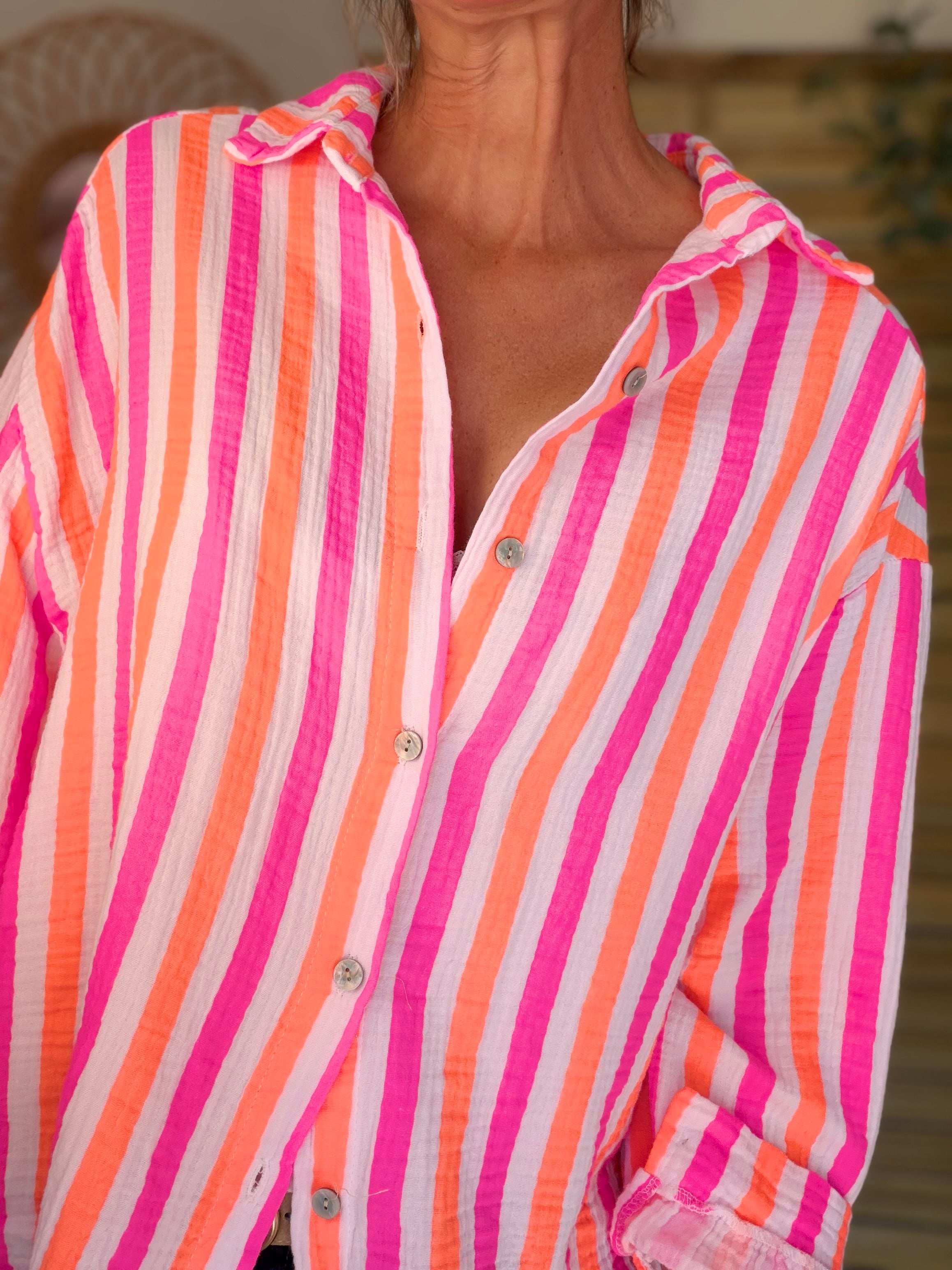 Chemise en gaze de coton rayée FÉLICIE Fluo Blanc