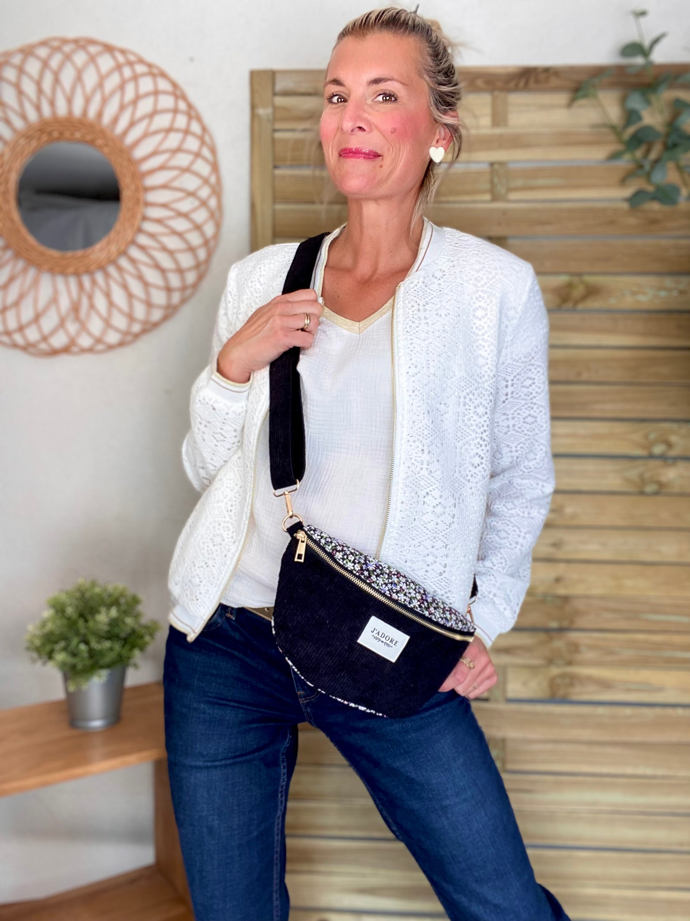 Sac banane «J’adore» Velours et Liberty - LESLIE - Noir