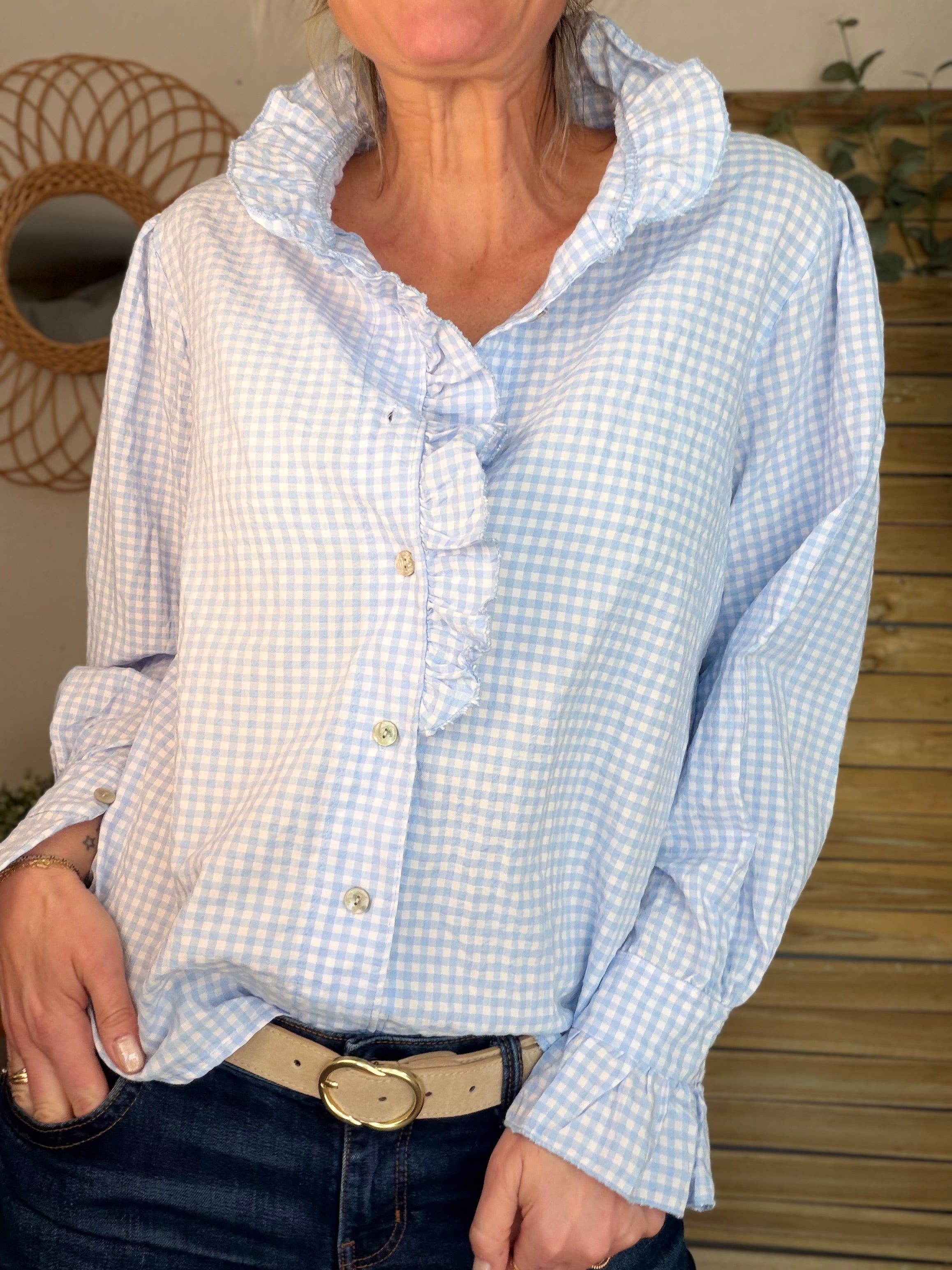 Chemise imprimée Vichy col volanté IRÈNE - Bleu ciel
