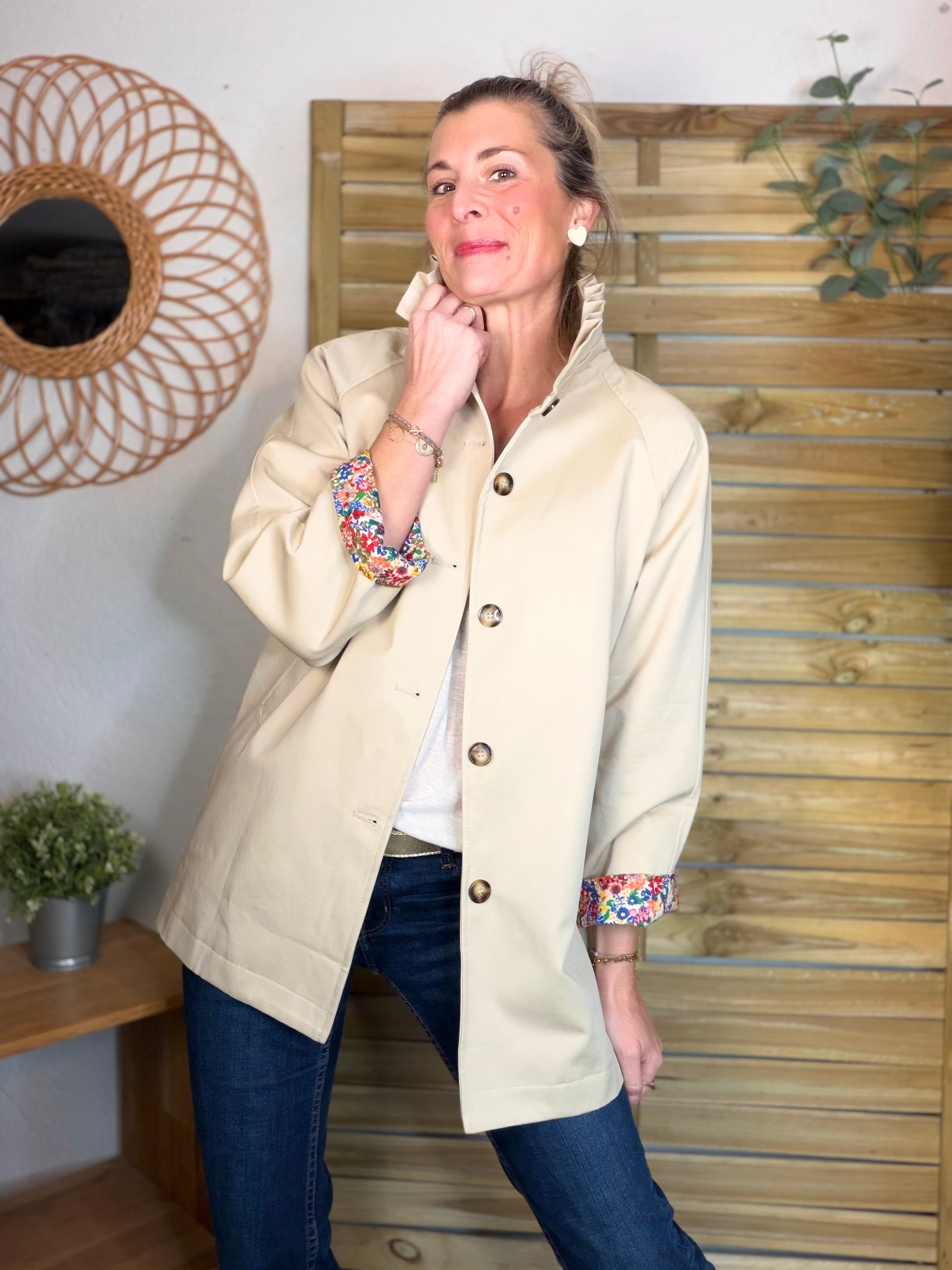 Veste Trench mi-long col victorien avec Liberty - ANDY Beige
