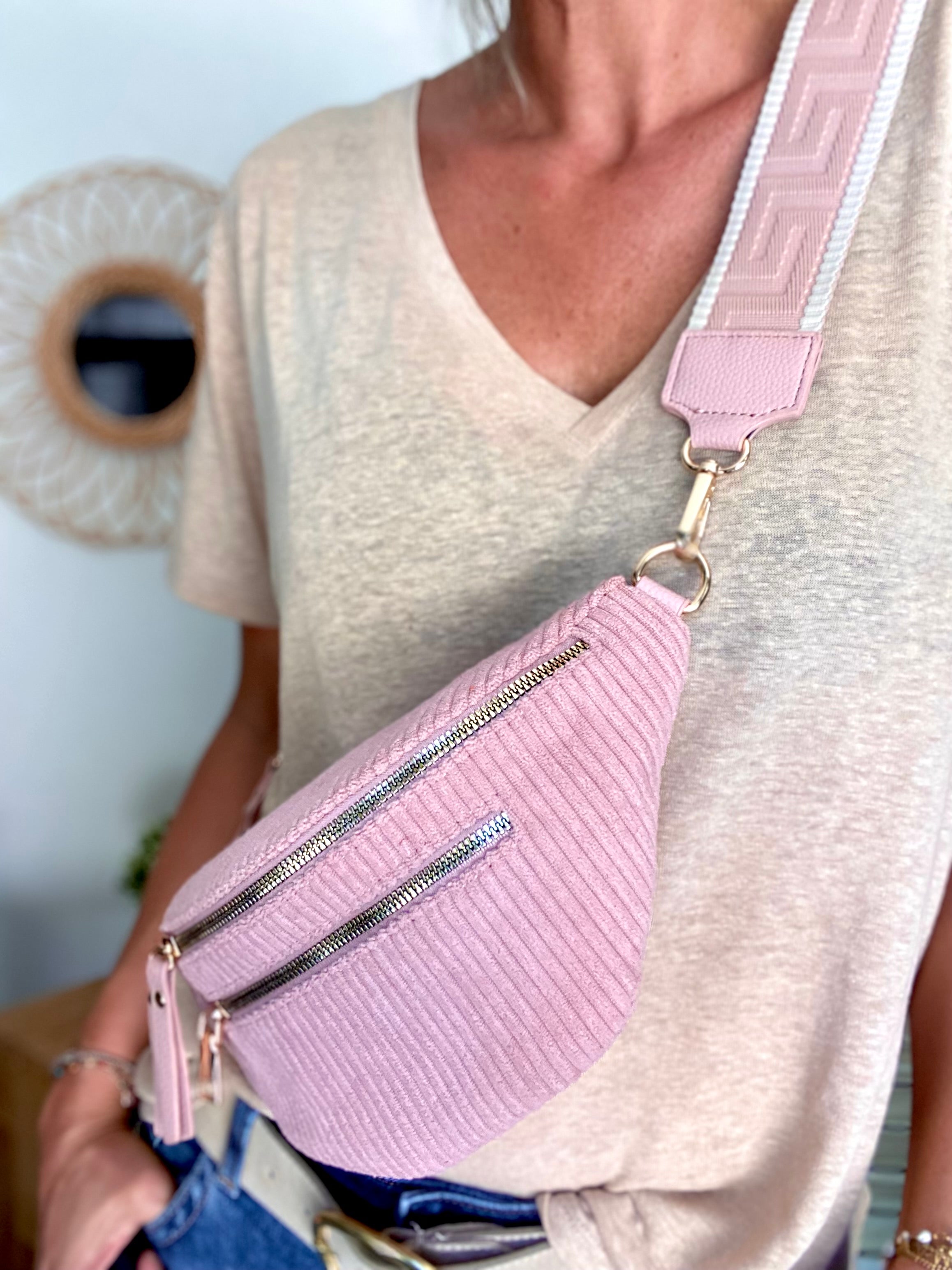 Sac banane en velours côtelé 2 zips et sangle fantaisie - CHARLY - Vieux rose