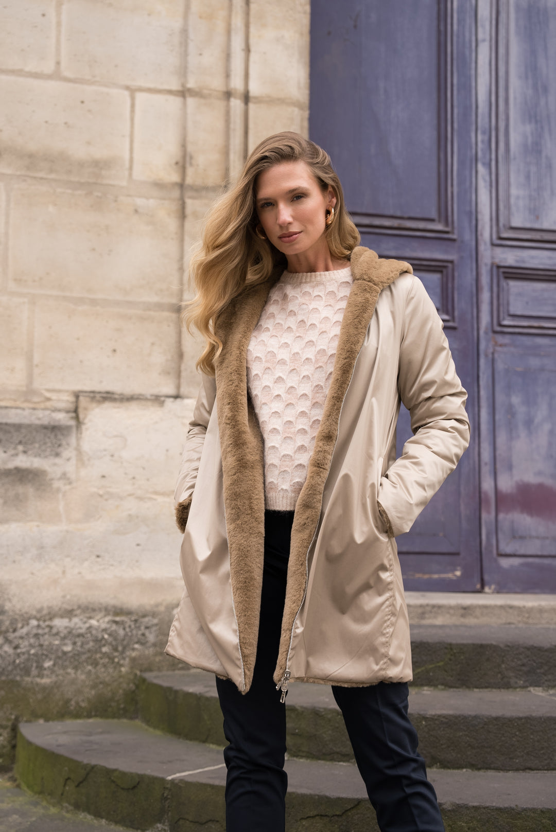 Parka Imperméable réversible fourrée Sable irisé / Camel ALIX - LAURA JO