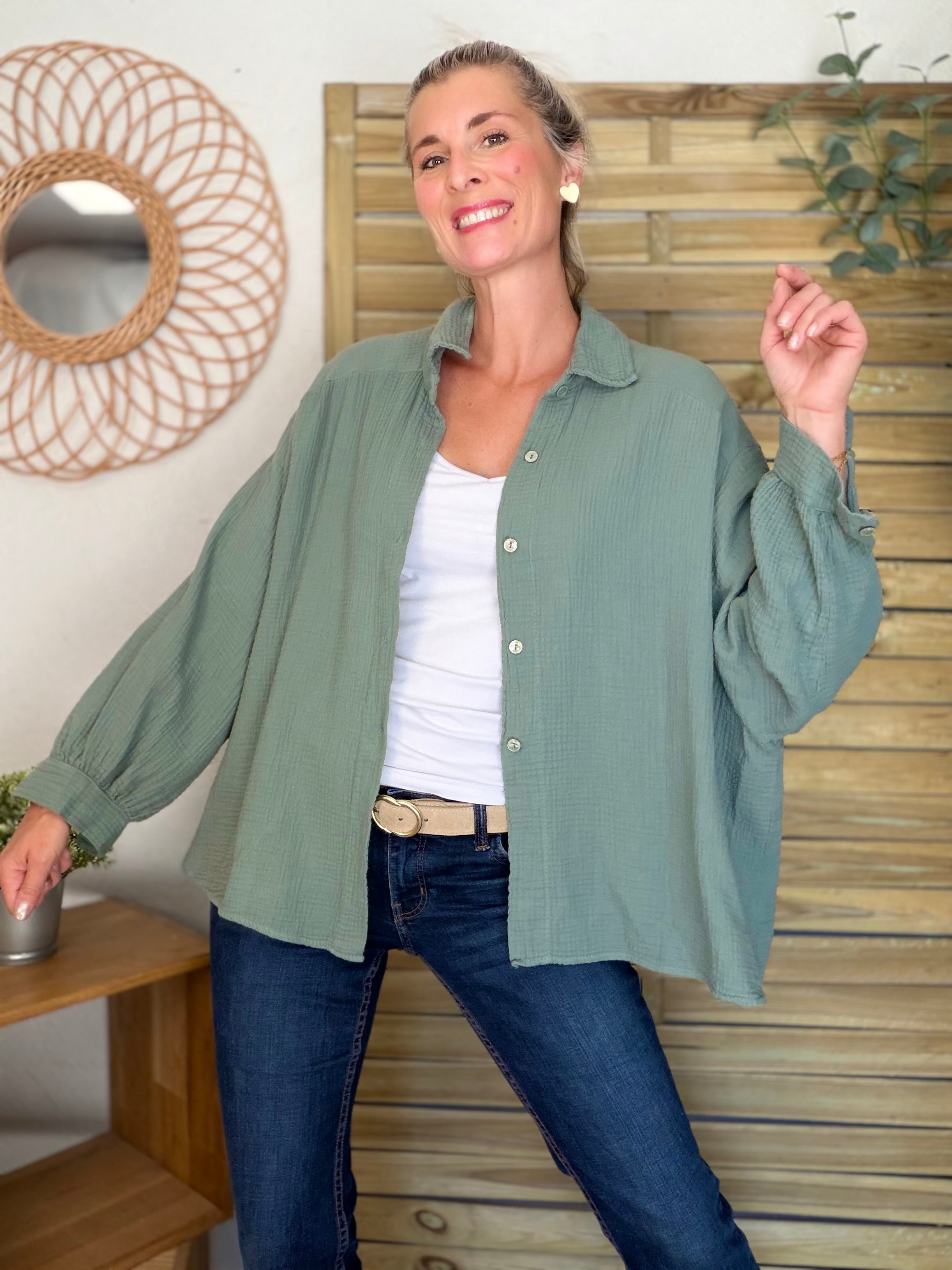 Chemise en gaze de coton unie FÉLICIA Kaki