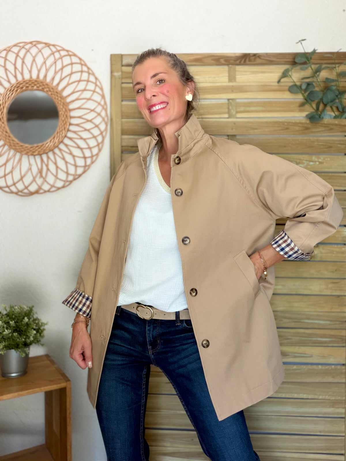 Veste Trench mi-long col victorien avec carreaux - ANDY Beige taupe