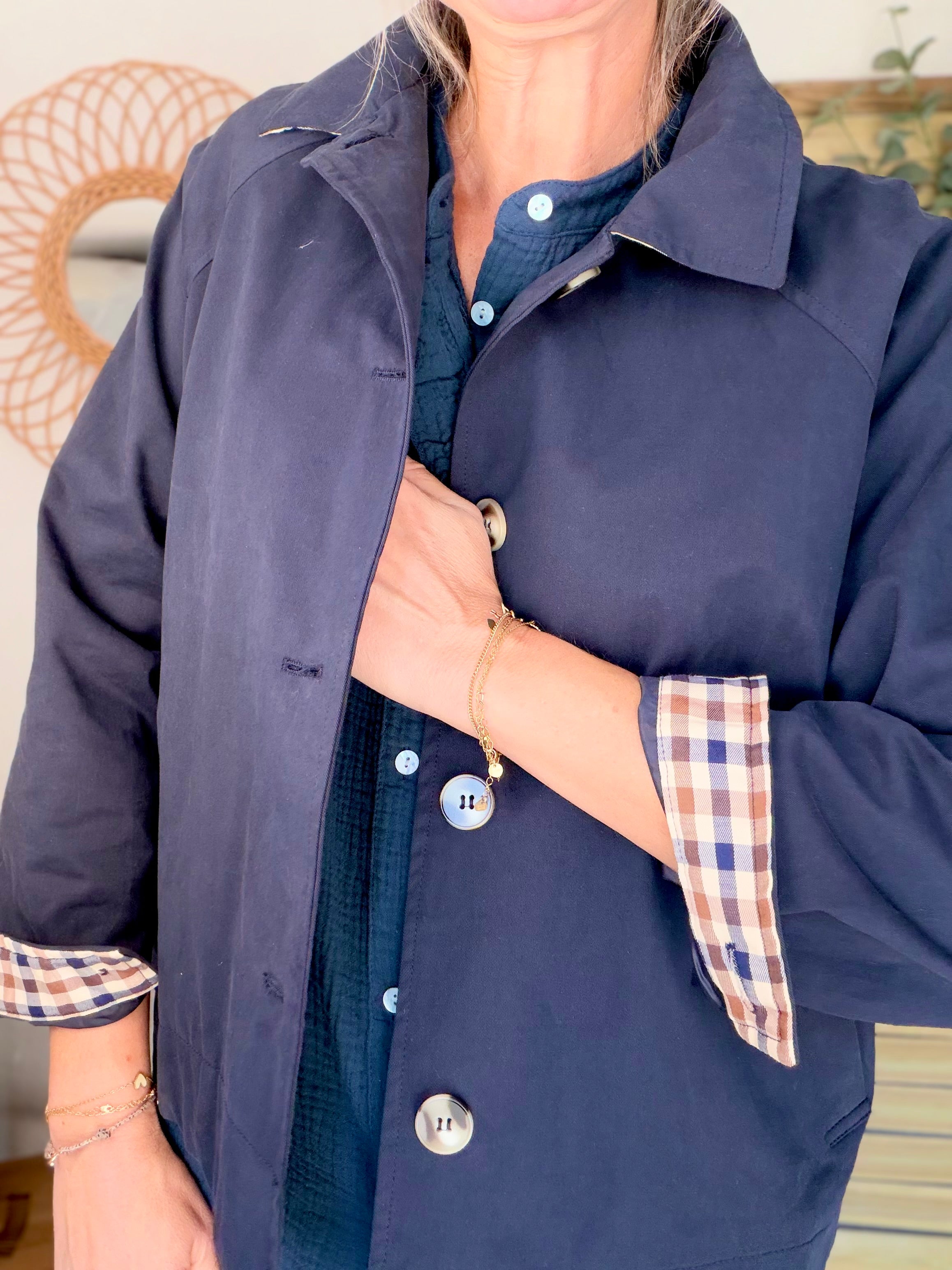 Veste Trench en coton avec carreaux - SOLÈNE Bleu marine