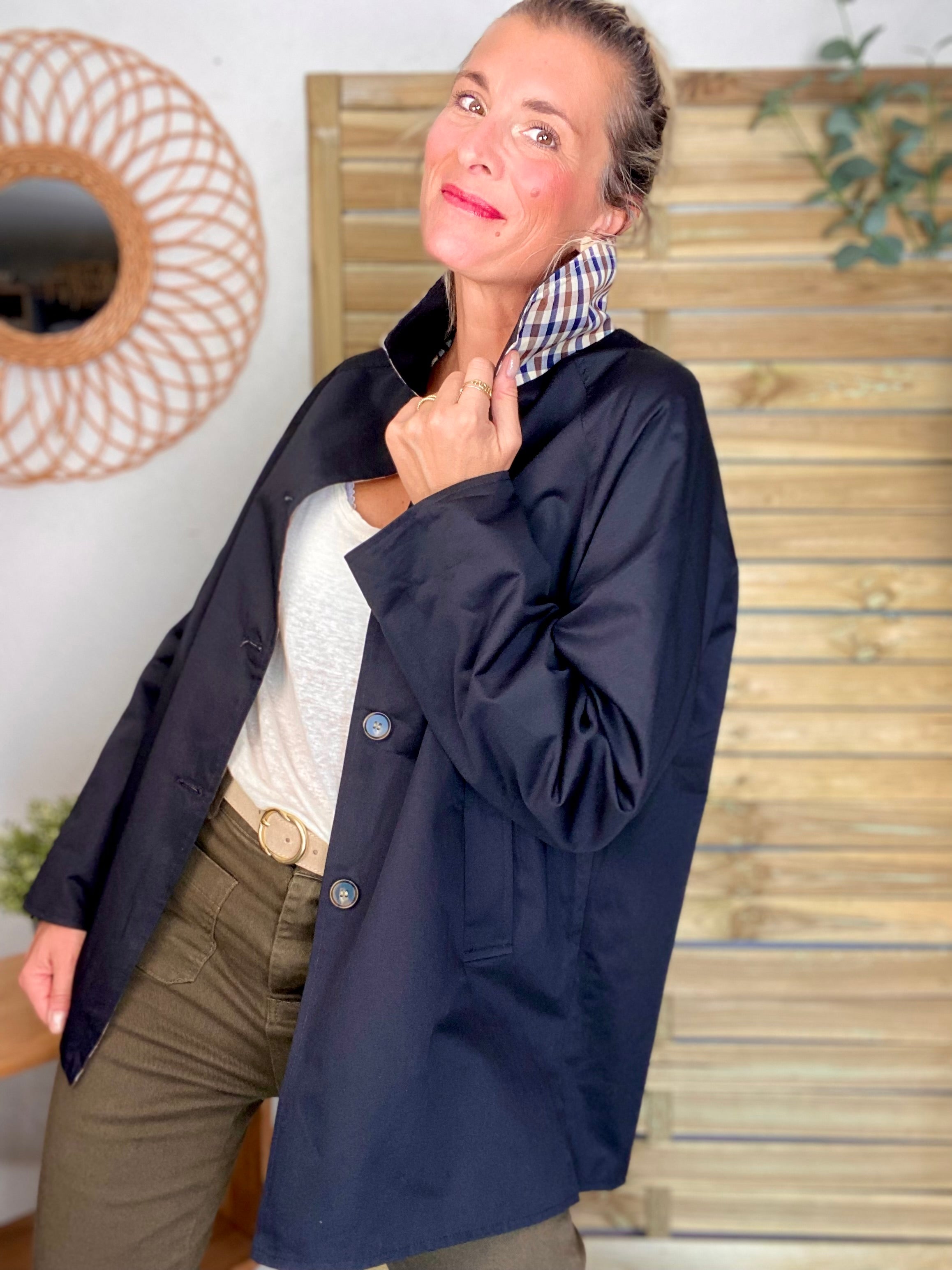 Veste Trench mi long réversible vichy LENA - Noir