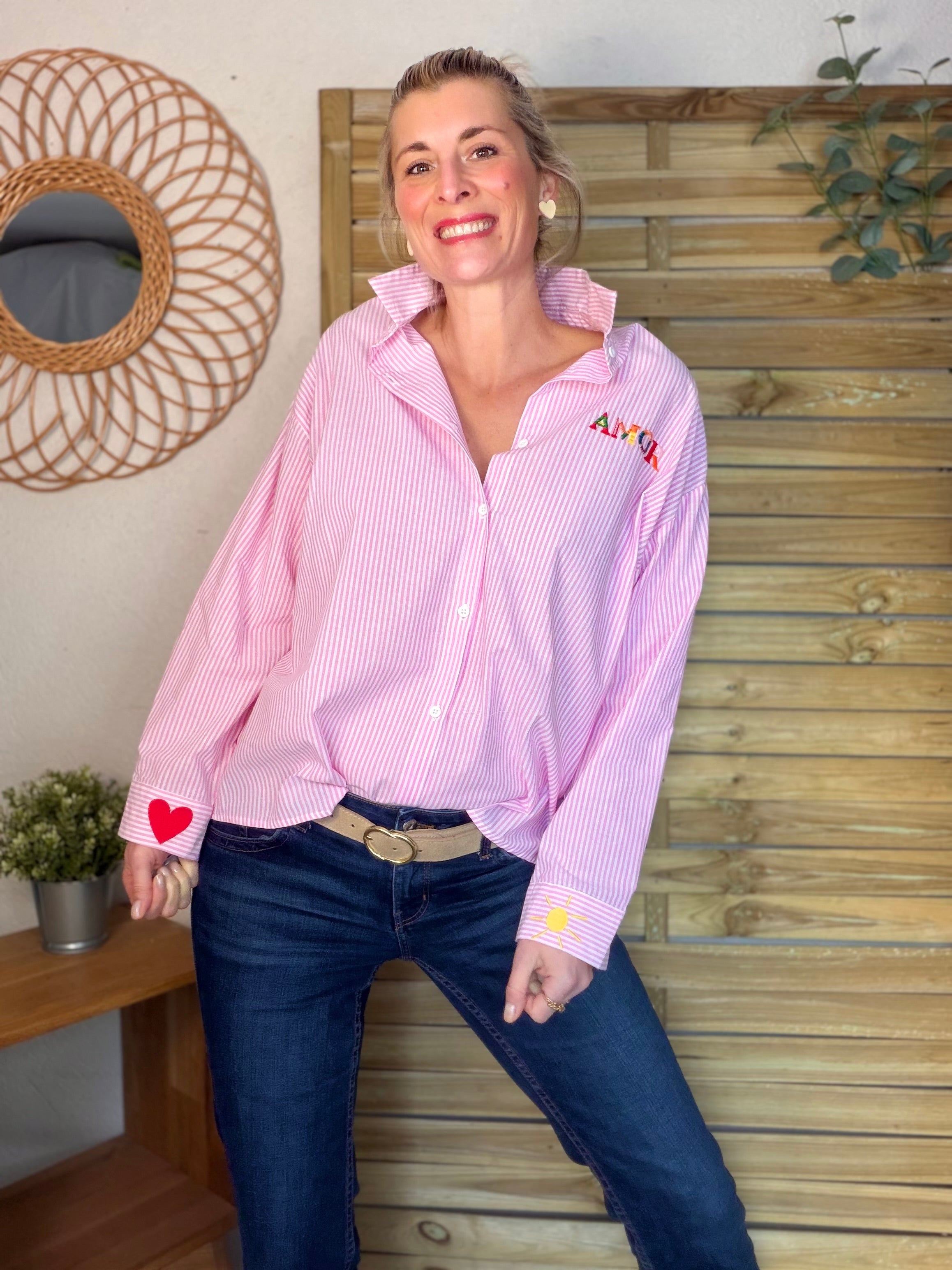 Chemise rayée brodée AMOR rose ❤️☀️ SHANIA