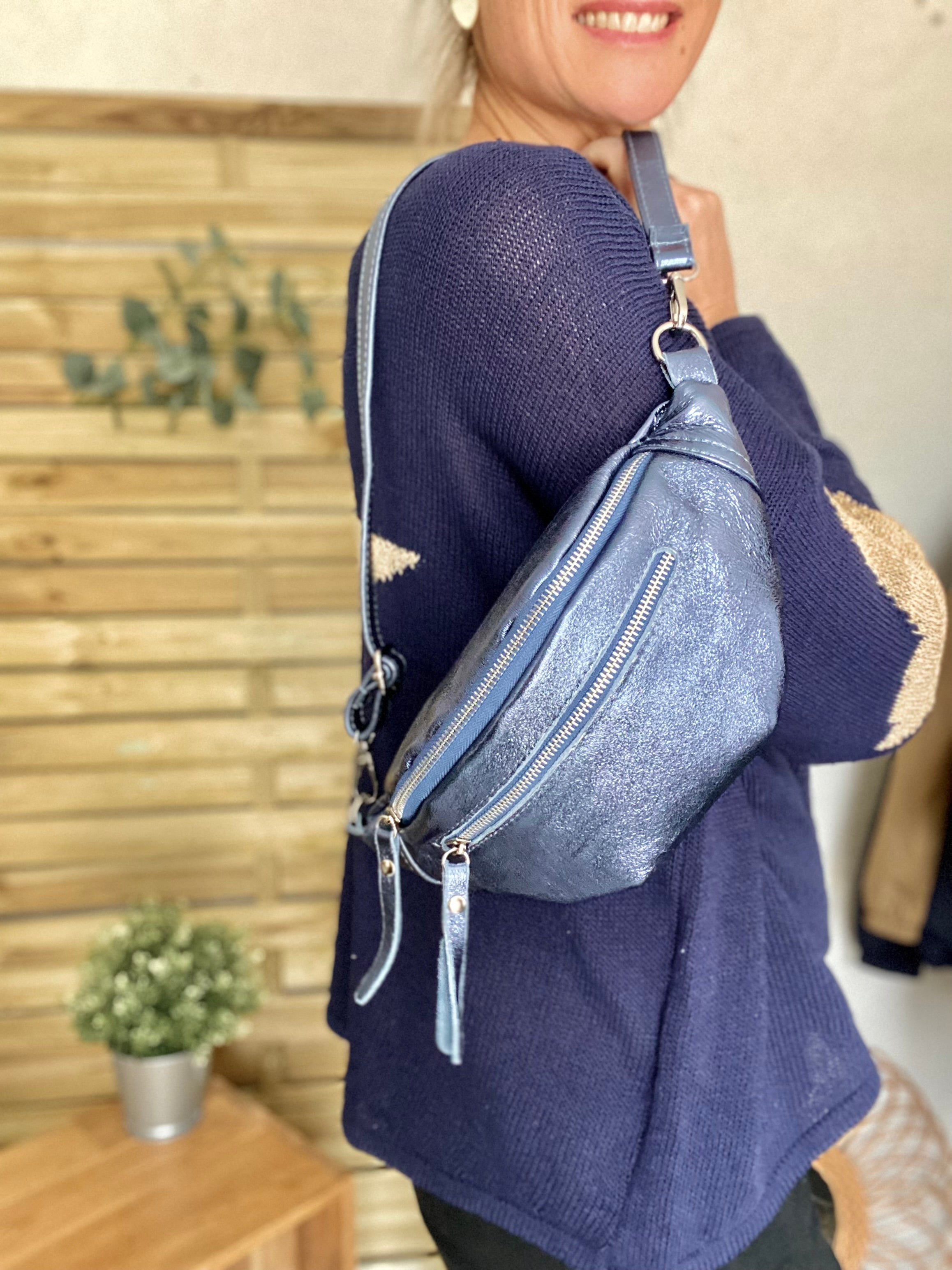 Sac banane en cuir irisé double poche - OPALE  - Bleu jean