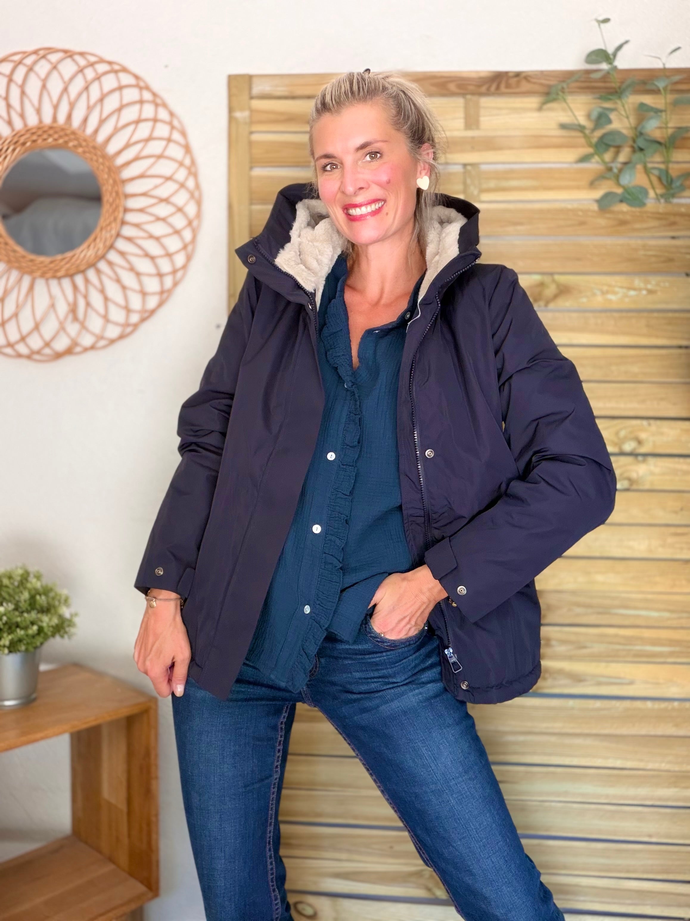 LAURA JO - Parka fourrée imperméable AMBRE MI-LONG - Bleu marine / Beige
