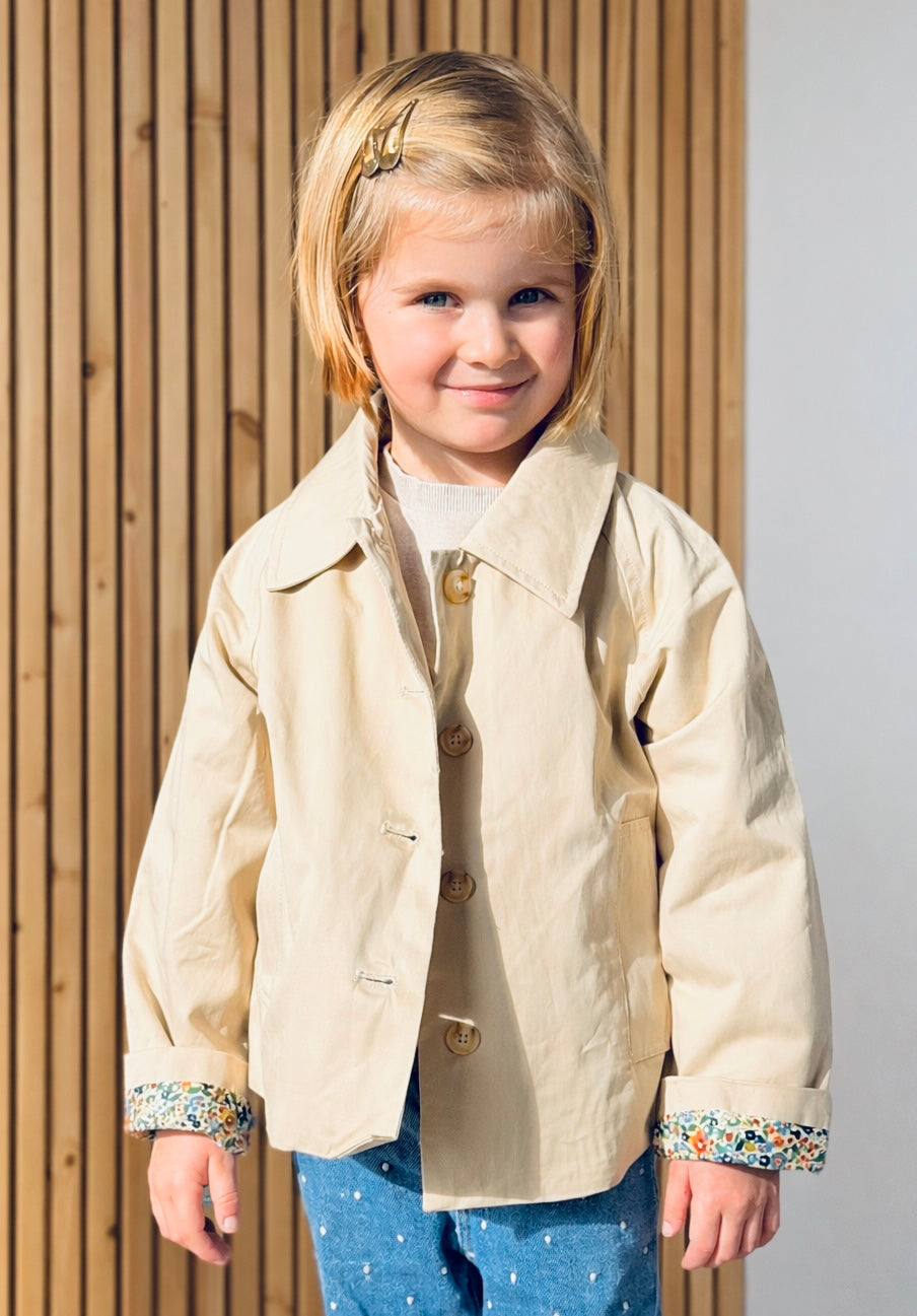 Veste Trench en coton beige avec Liberty - MARION (Taille 2 ans à la Taille L)