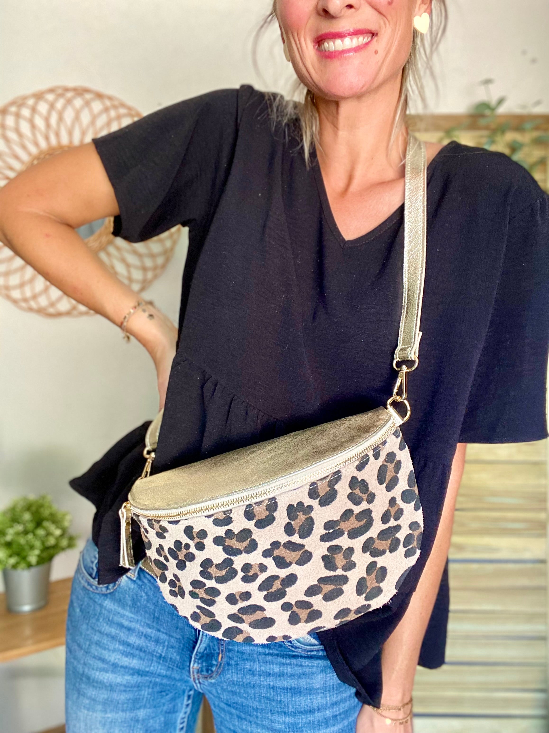 Sac banane XL en cuir 30cm - JANIS - Doré Léo