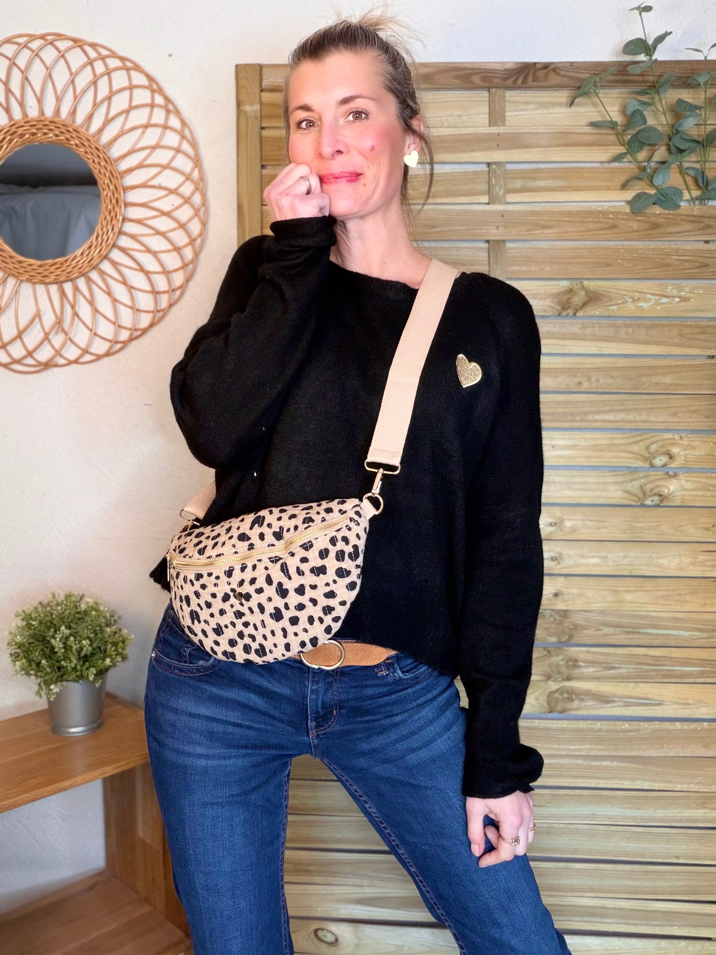 Sac banane L matelassé cœur doré 💛 JOSIE - Tacheté taupe