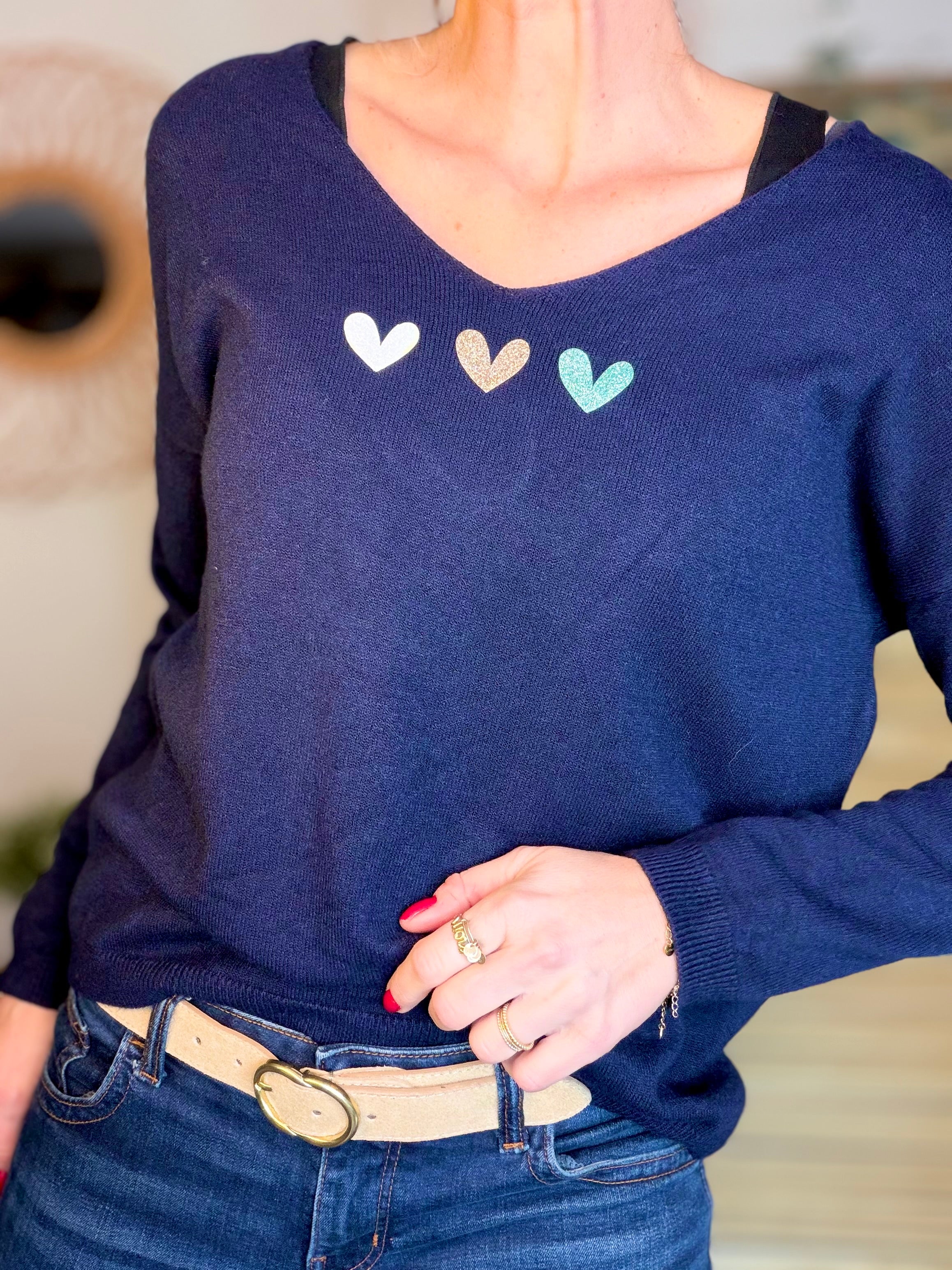 Pull fin 3 cœurs 💛 BERTILLE - Marine