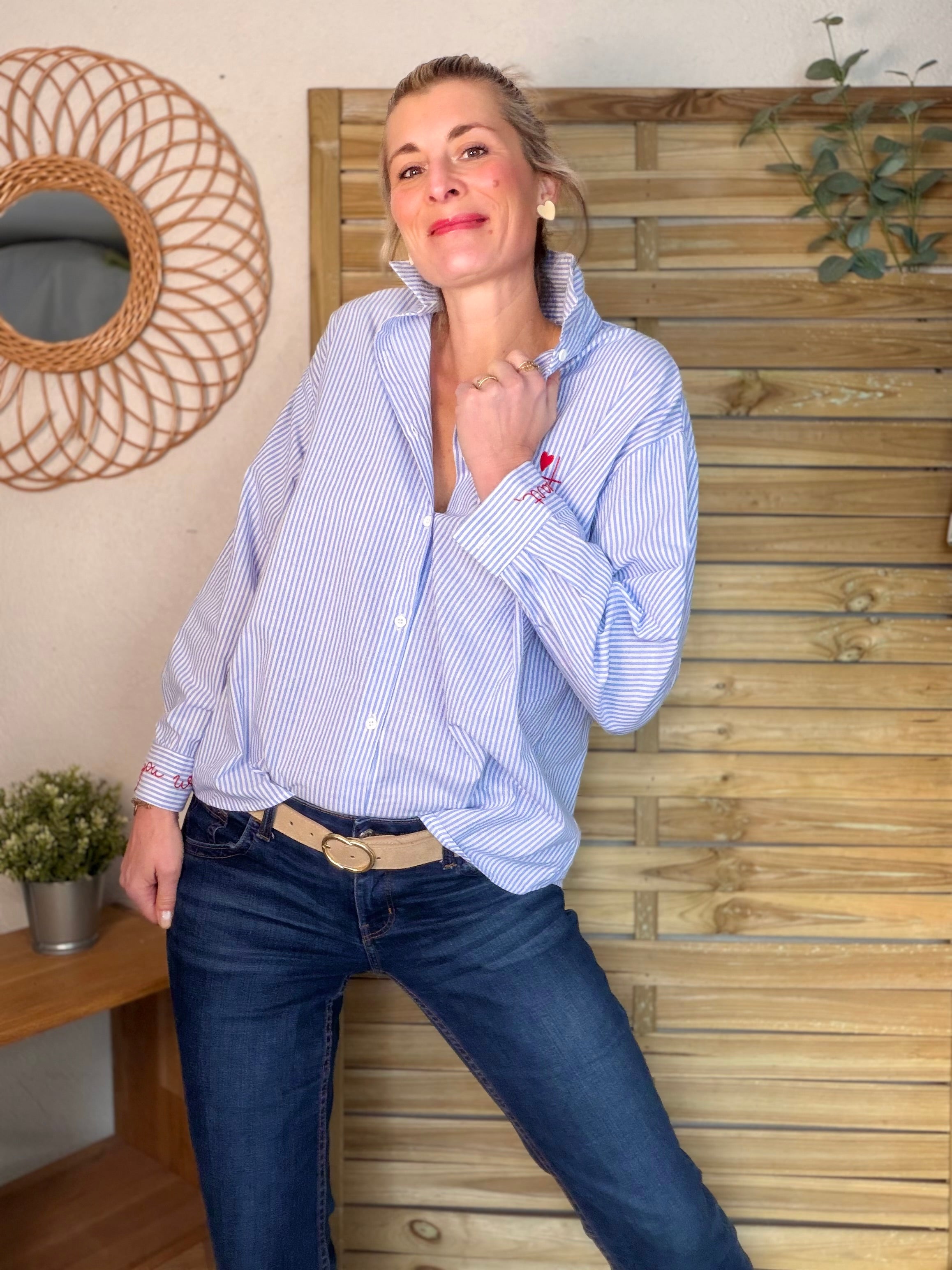 Chemise bleue rayée brodée YOU WON MY HEART ❤️ MAUREEN