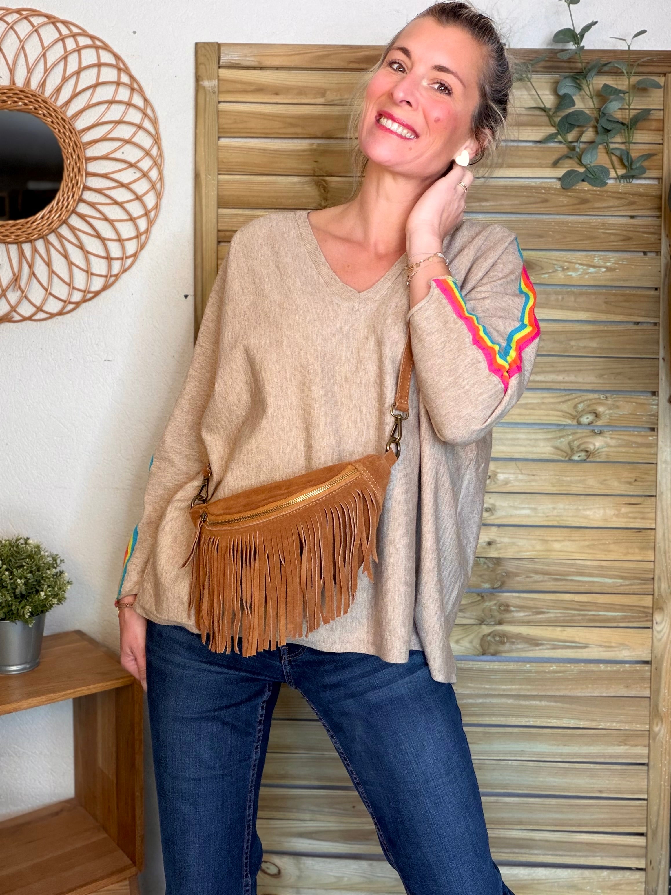 Sac banane avec franges en cuir daim - PIETRA - Camel