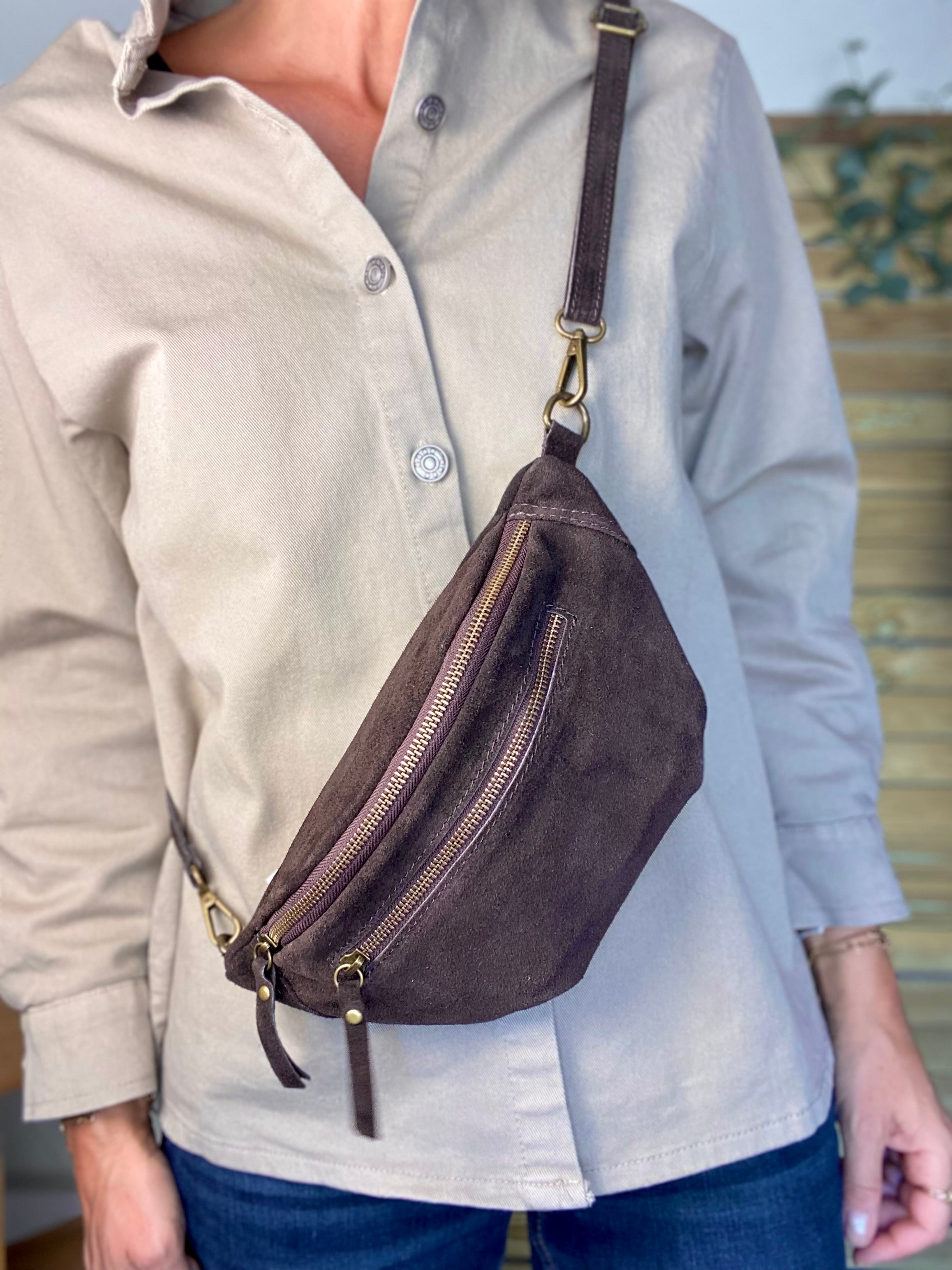 Sac banane double poche en cuir daim - OPALINE - Chocolat