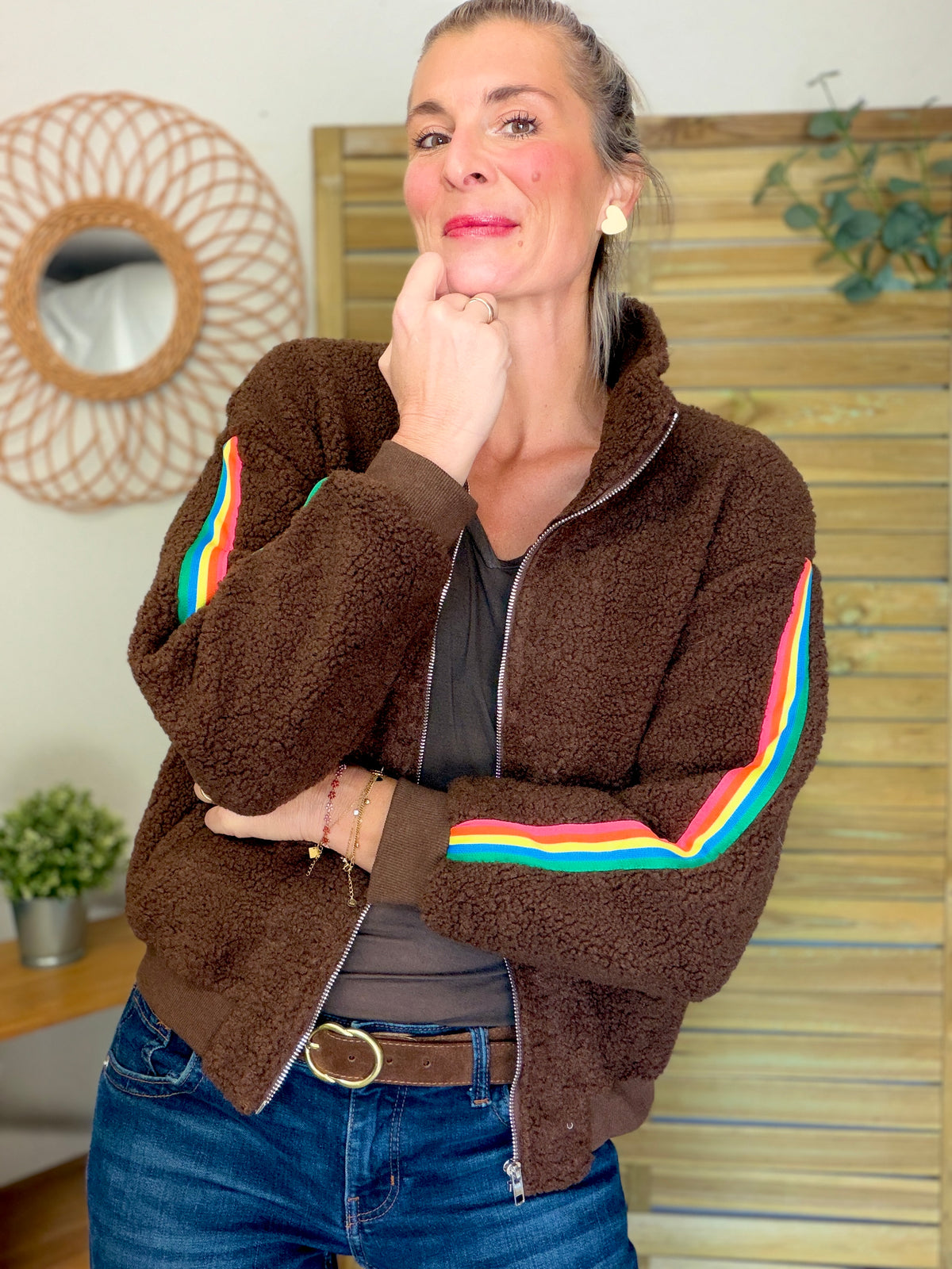 Veste Sherpa zippée bandes Arc-en-ciel CORALIE Chocolat 🌈