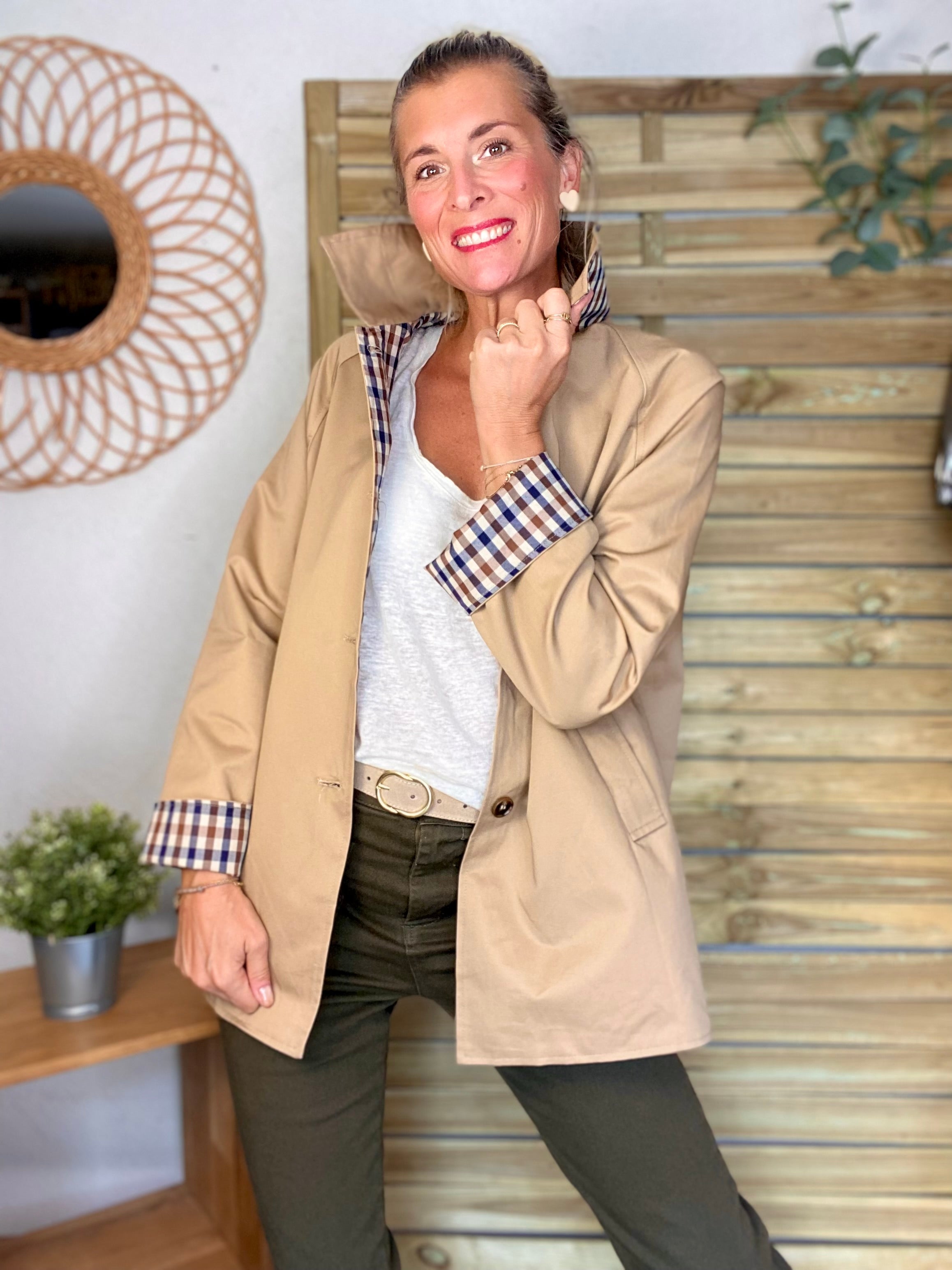 Veste Trench mi long réversible vichy LENA - Camel clair