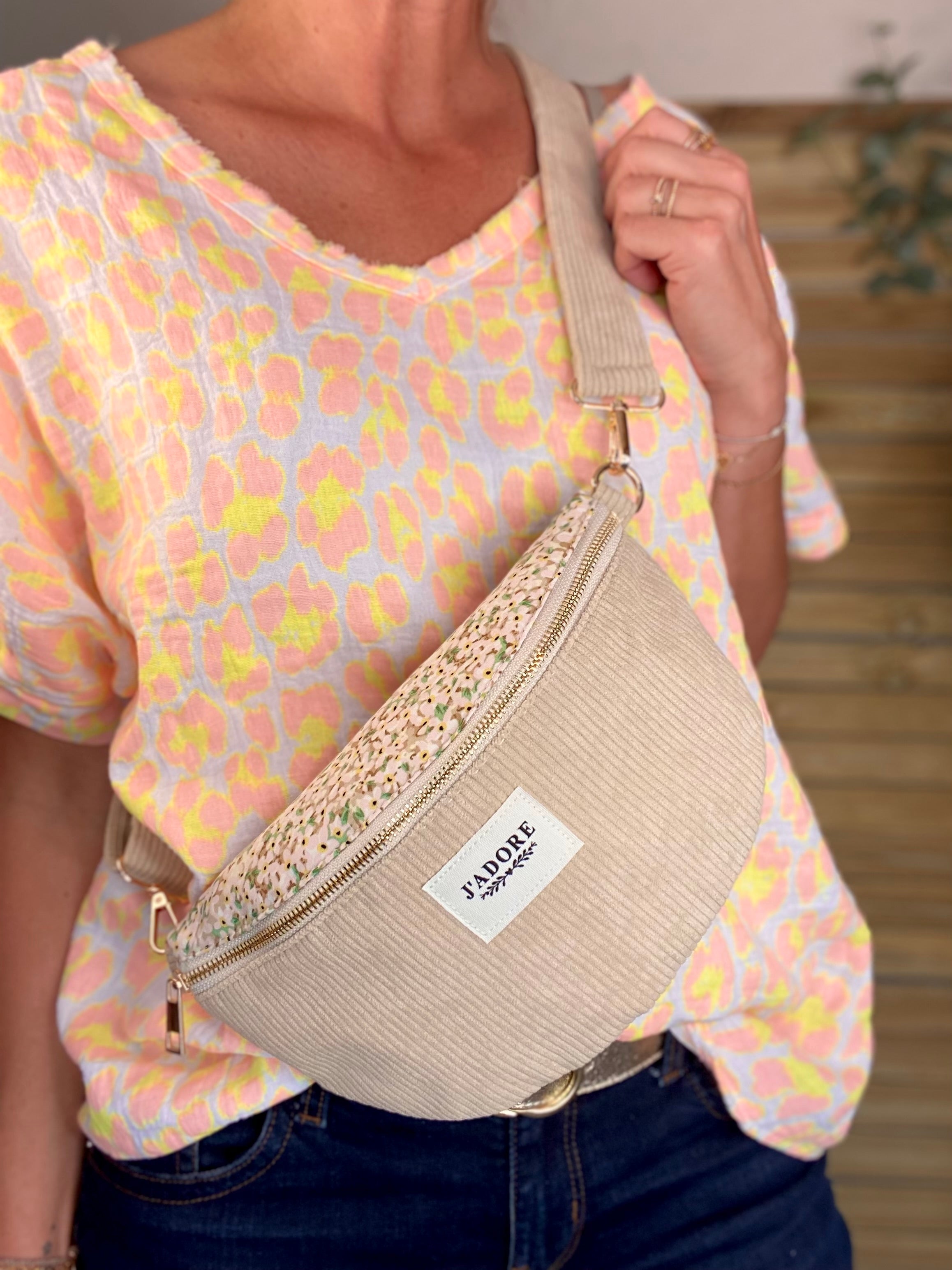 Sac banane «J’adore» Velours et Liberty - LESLIE - Beige
