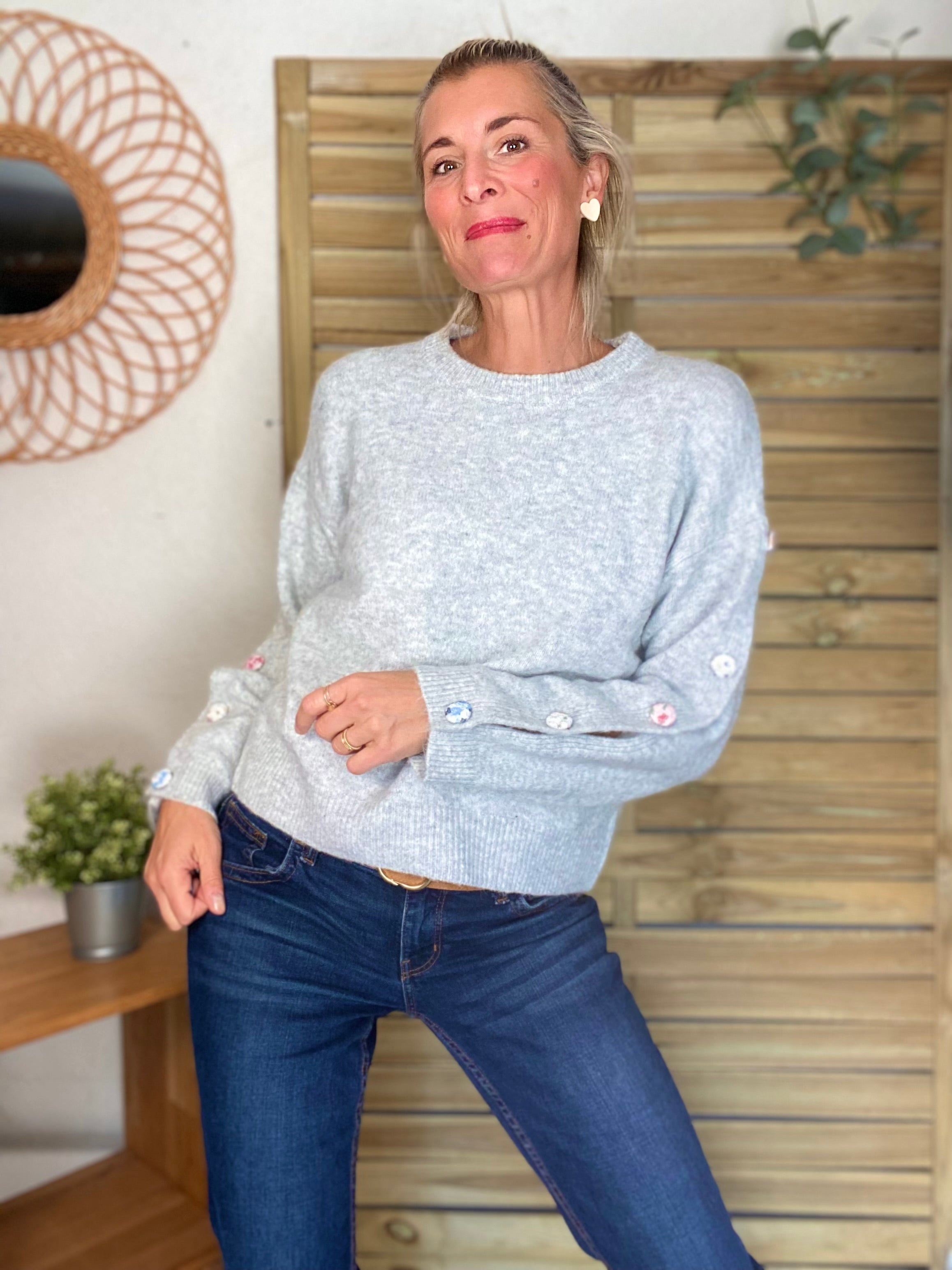 ⚡️ PÉPITES FRIDAY - Pull boutons tissu fleuri - Gris chiné - HAZEL