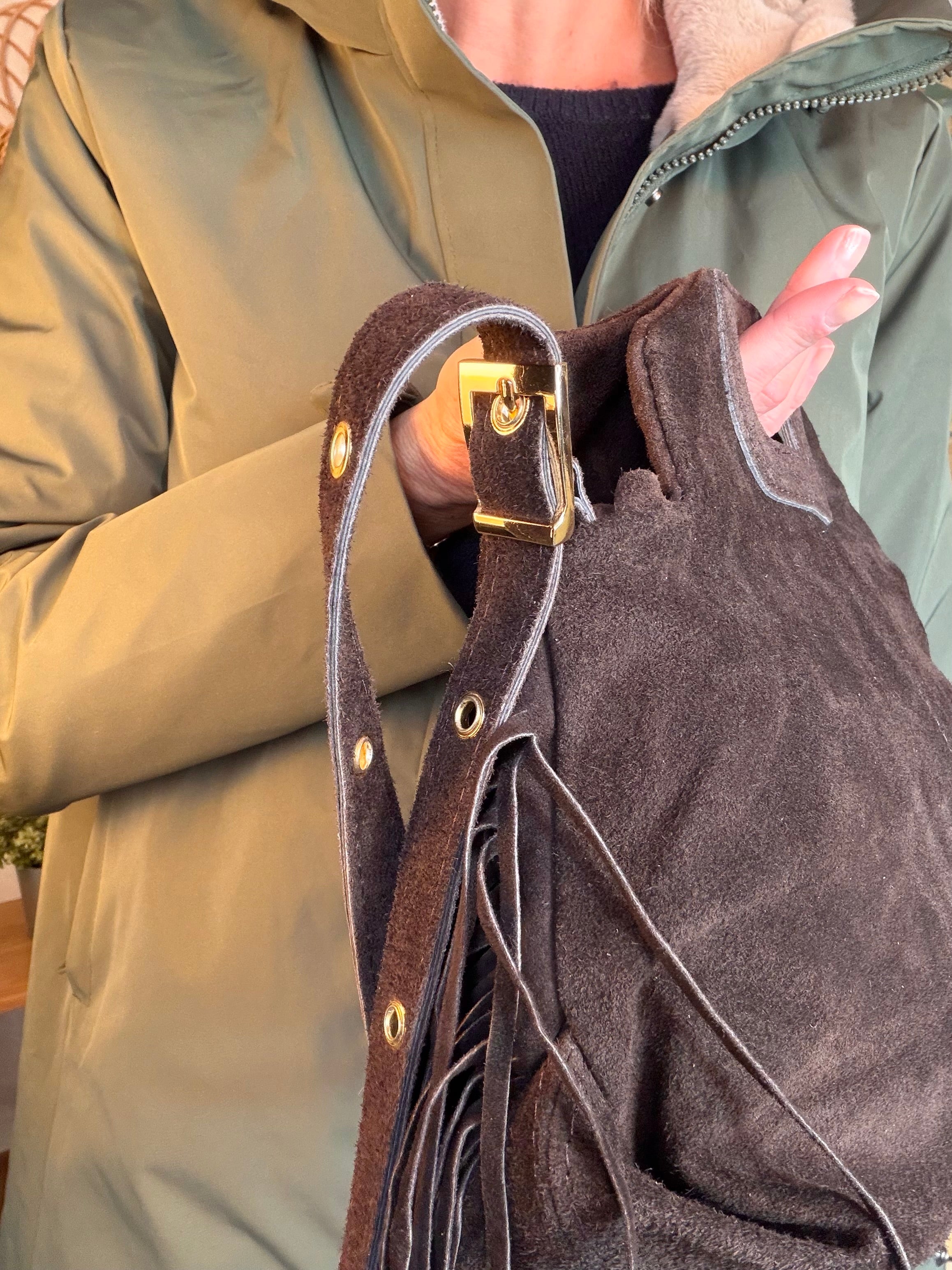 Sac en cuir daim avec franges LOGAN - Chocolat