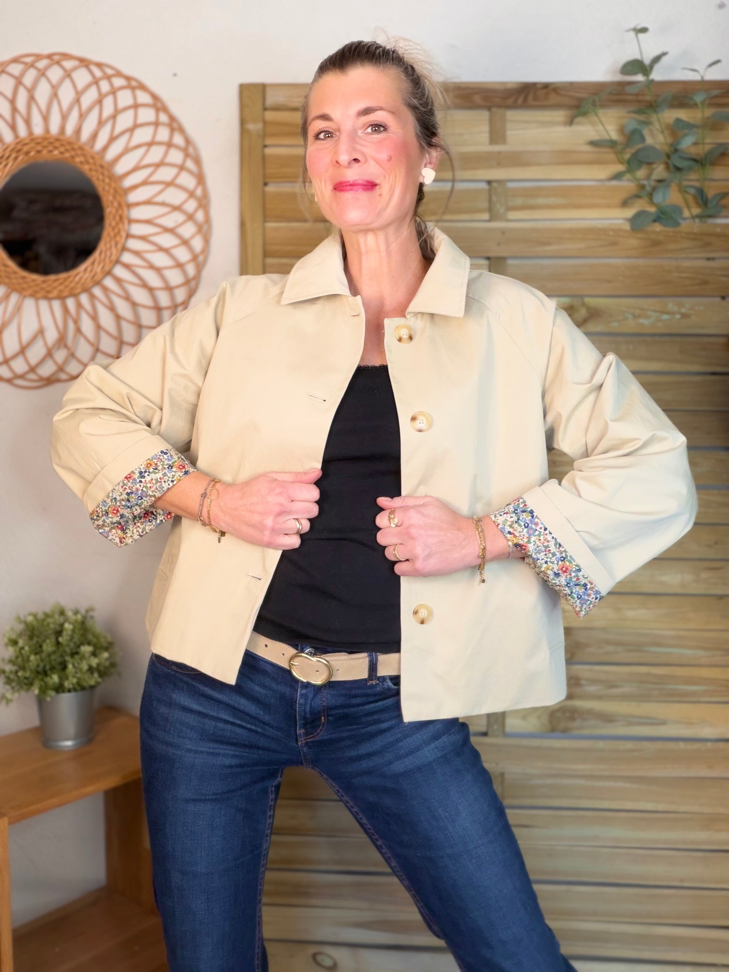Veste Trench en coton beige avec Liberty - MARION (Taille 2 ans à la Taille L)