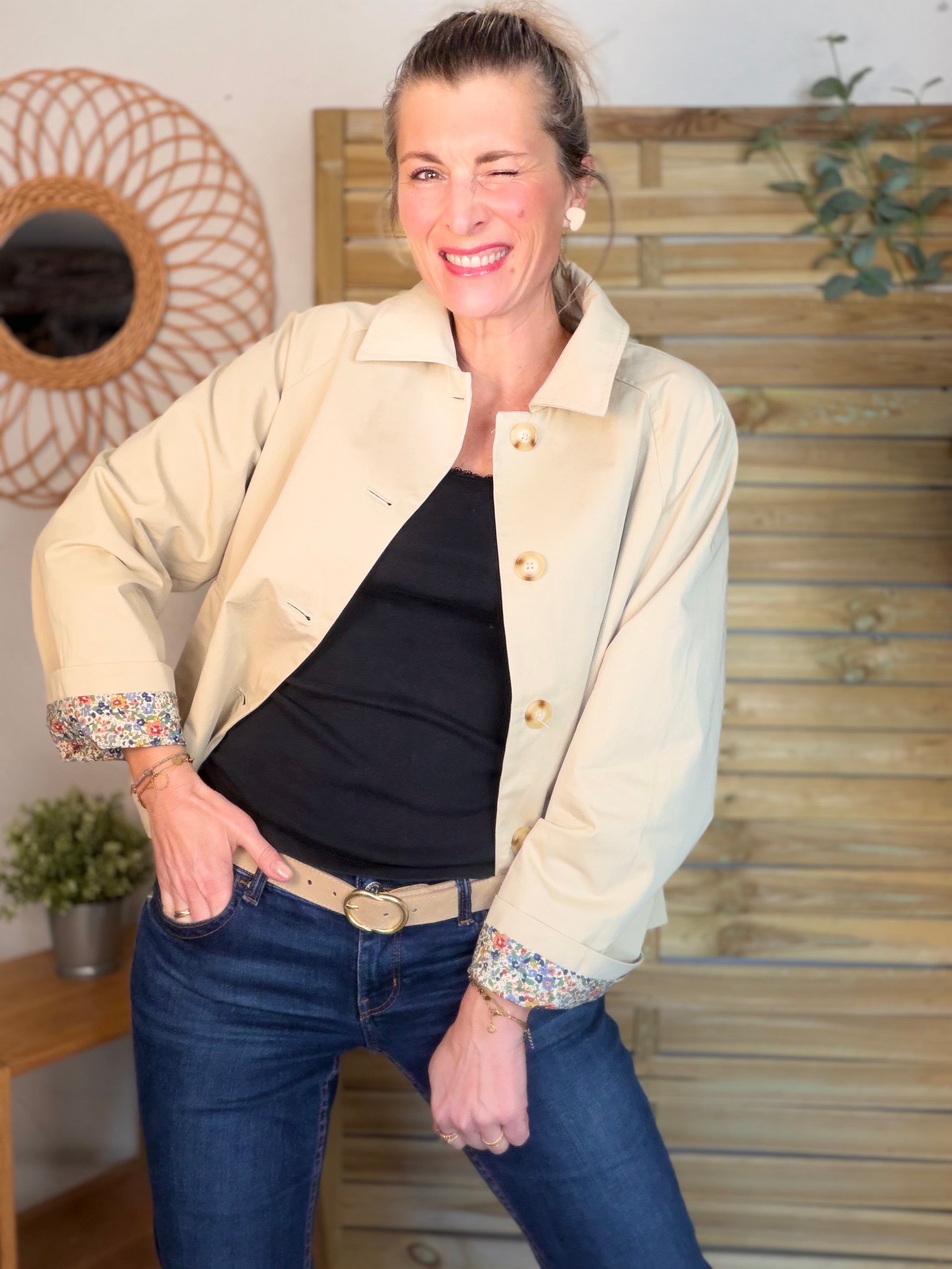 Veste Trench en coton beige avec Liberty - MARION (Taille 2 ans à la Taille L)