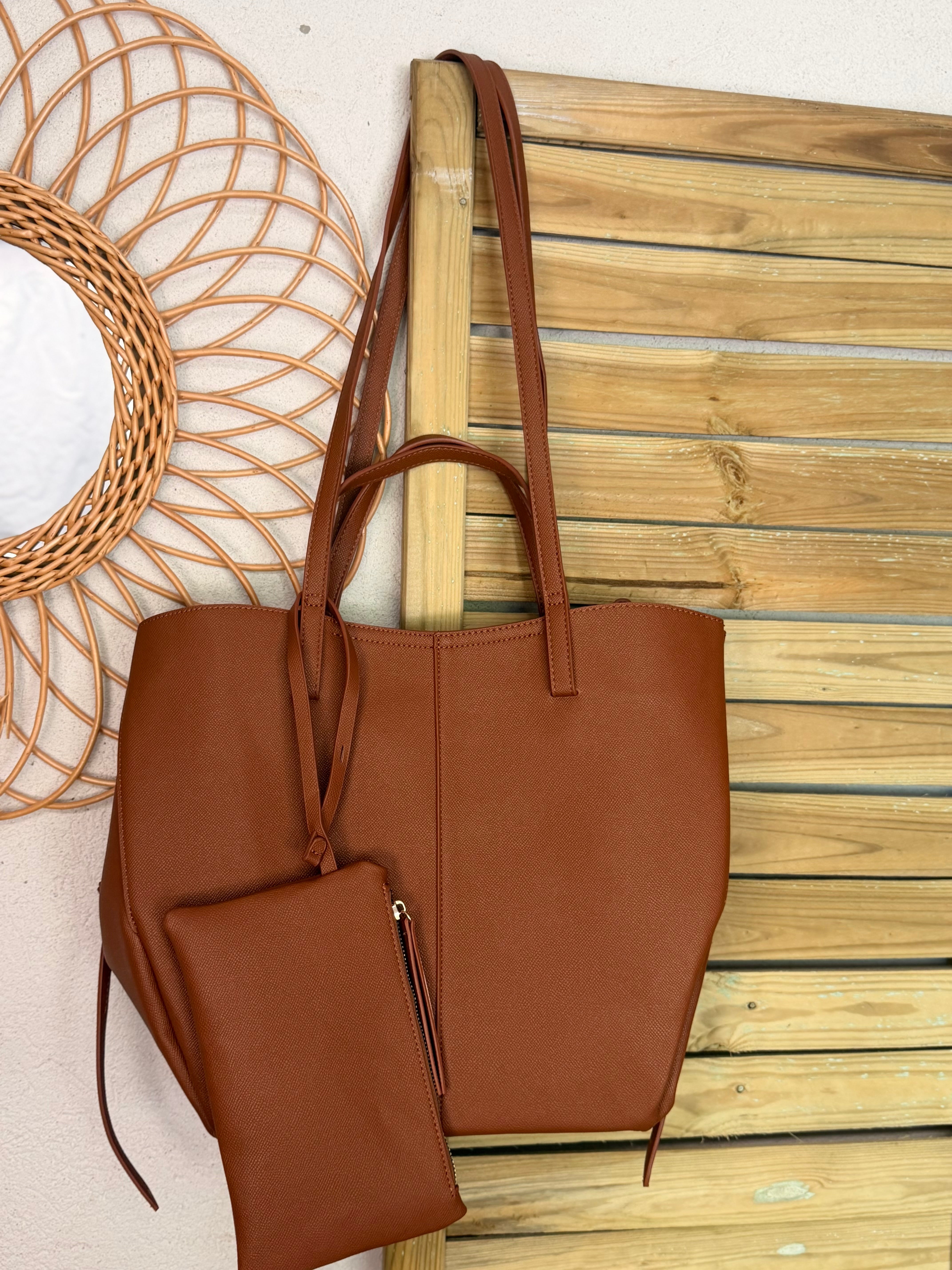 Grand Sac cabas 2 en 1 en simili cuir grainé - PAULE Camel