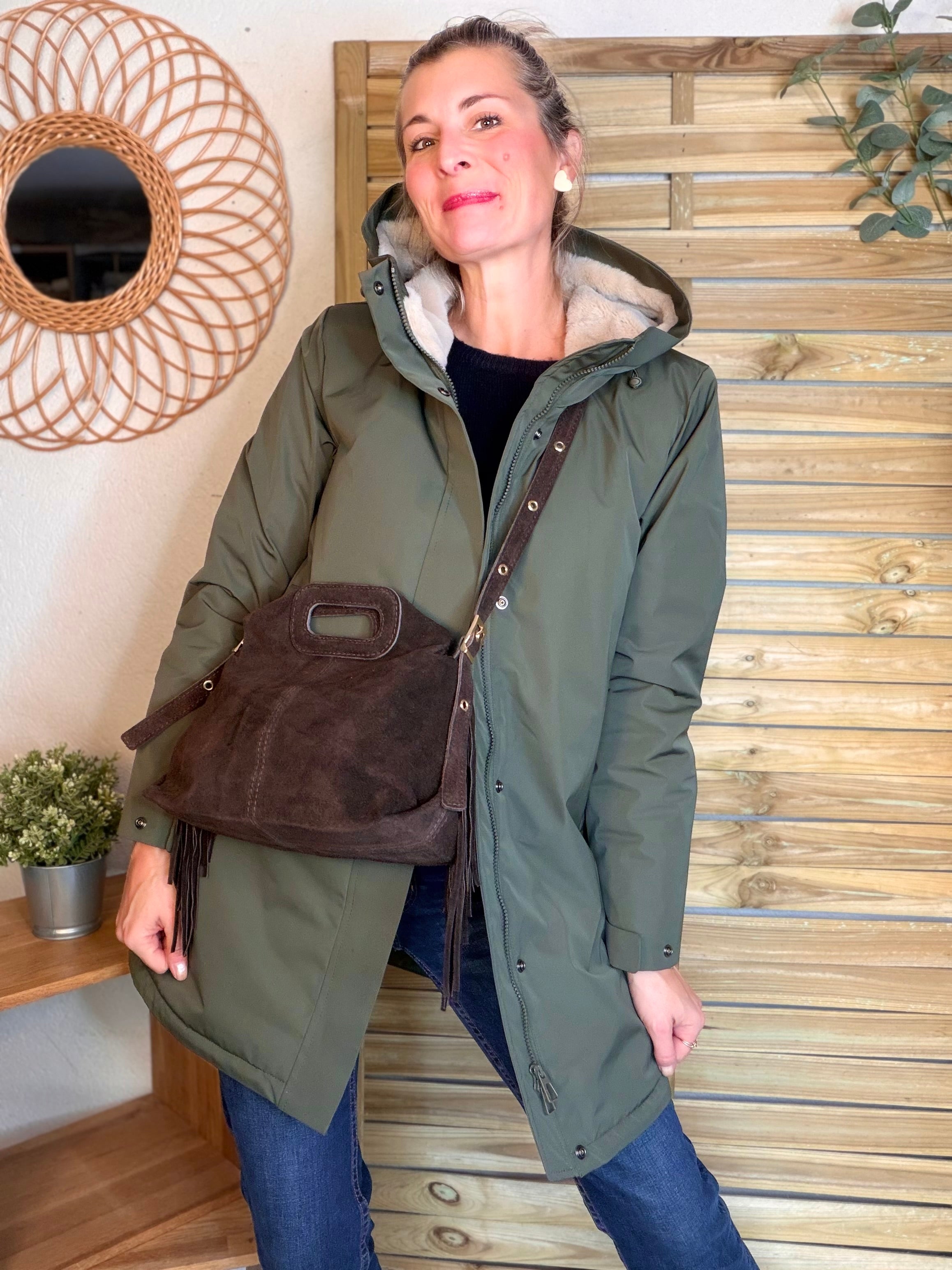 Sac en cuir daim avec franges LOGAN - Chocolat