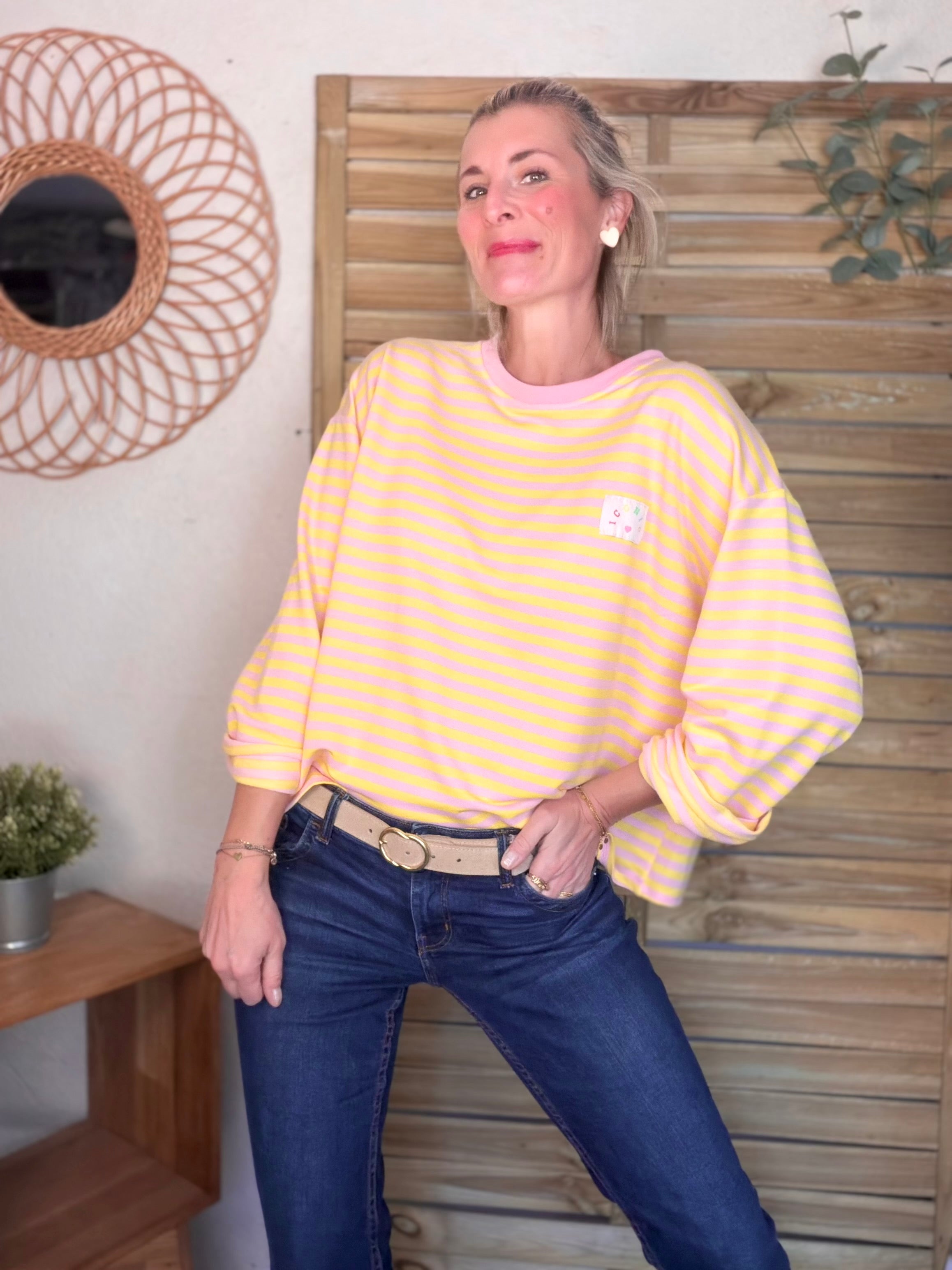 Sweat fin rayé ample Iconic CORALIE - Rose / Jaune