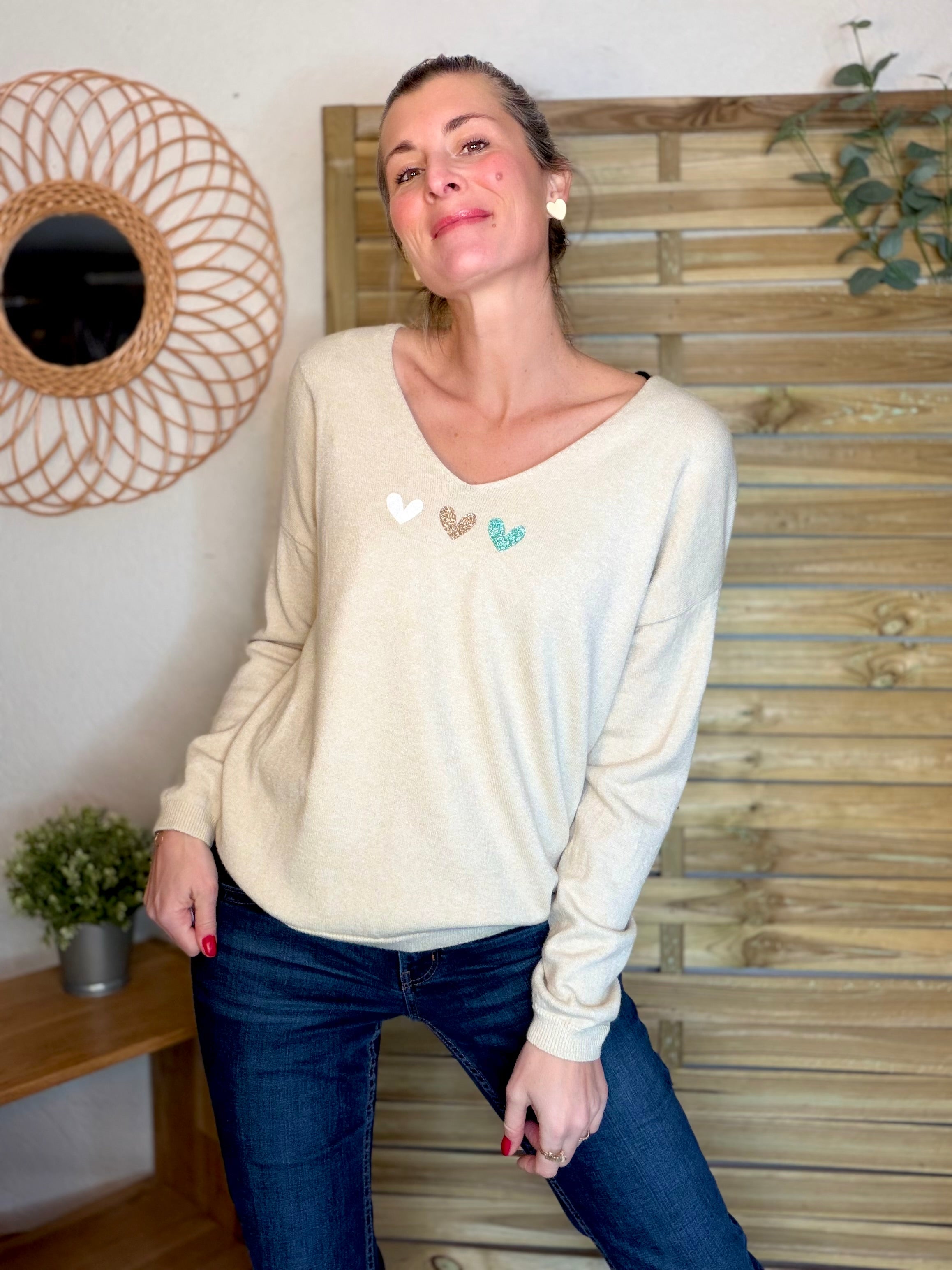Pull fin 3 cœurs 💛 BERTILLE - Beige