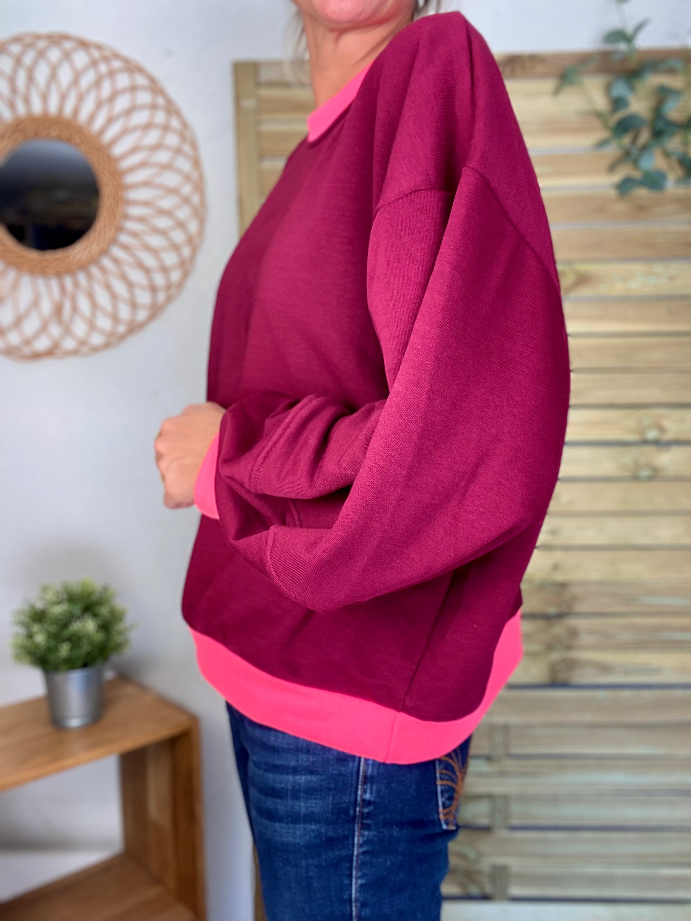Sweat oversize uni Bordeaux/Rose fluo ISALINE