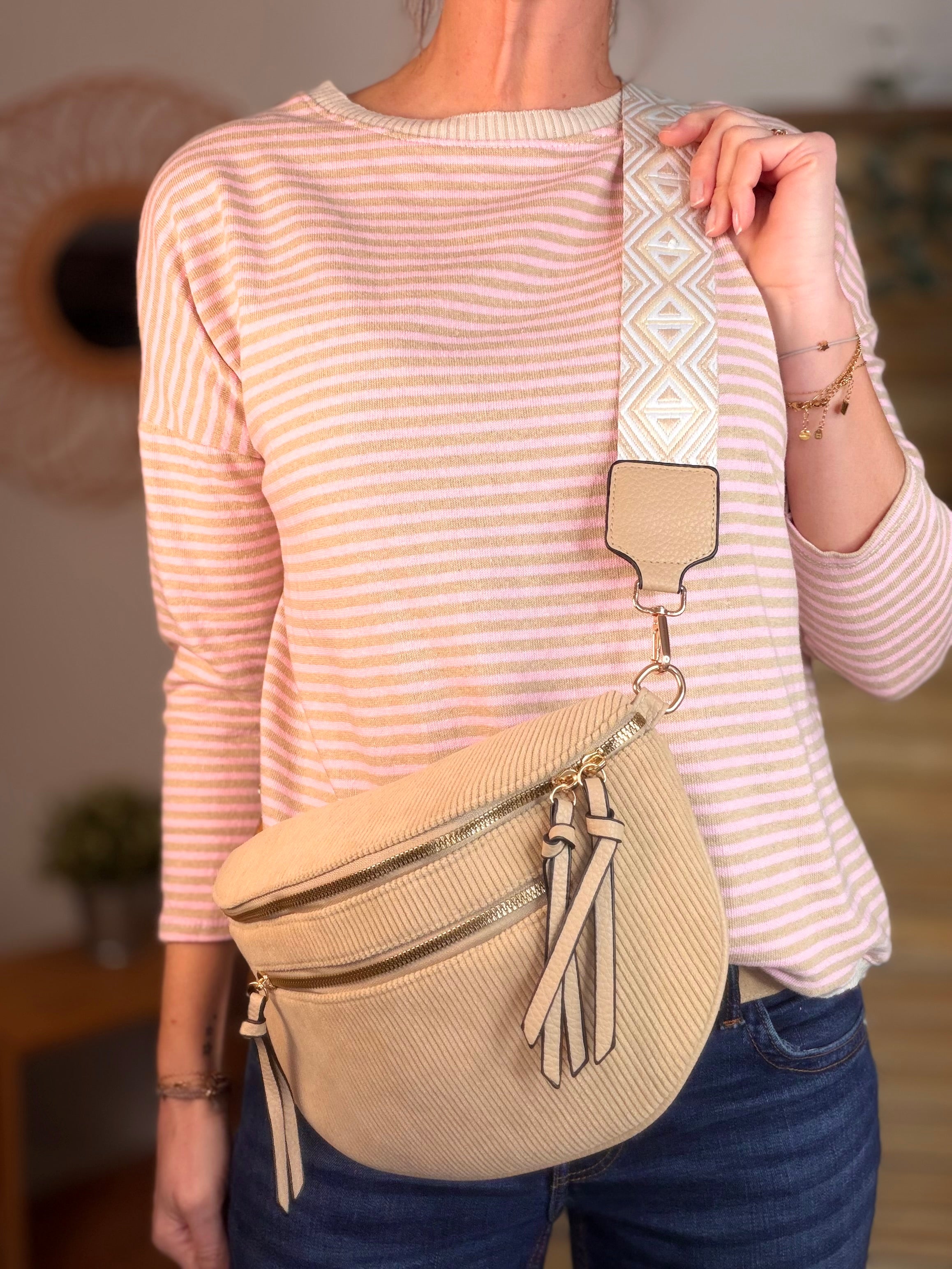 Sac banane en velours côtelé, sangle fantaisie - KATY - Camel clair