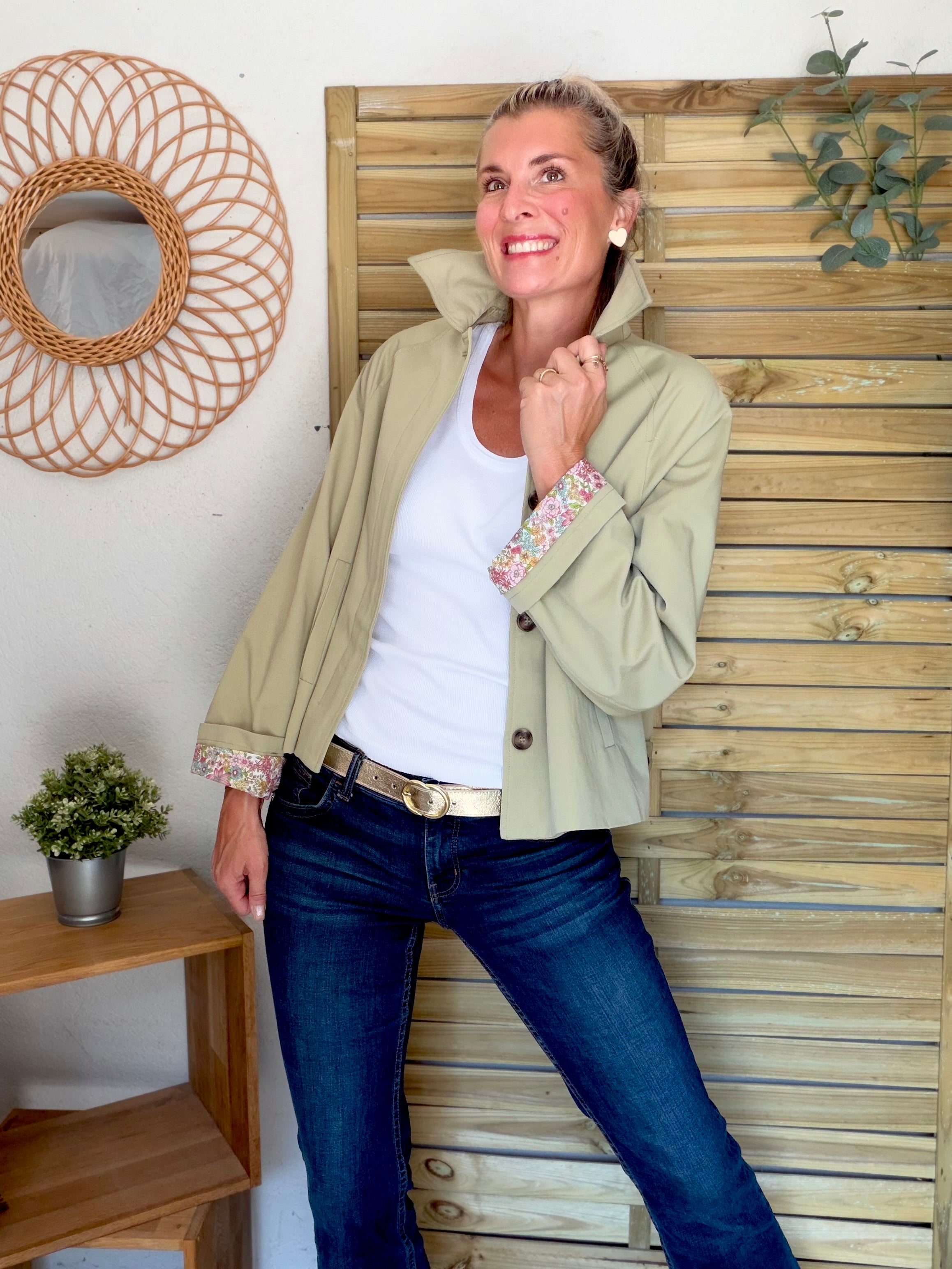 Veste Trench en coton Vert amande avec Liberty - MAHAUT - LILI et LALA