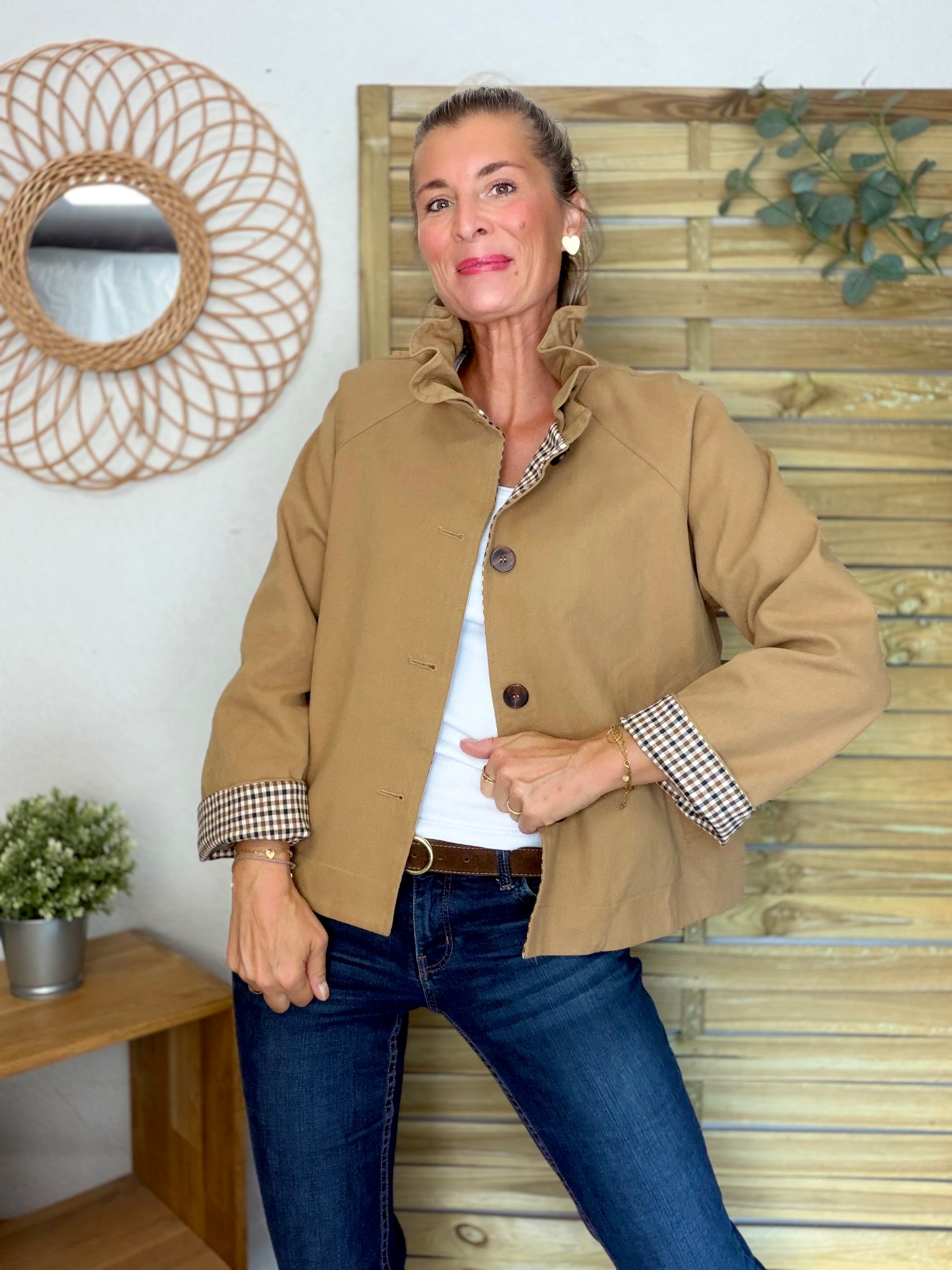 Veste toile coton col victorien avec vichy - GABY