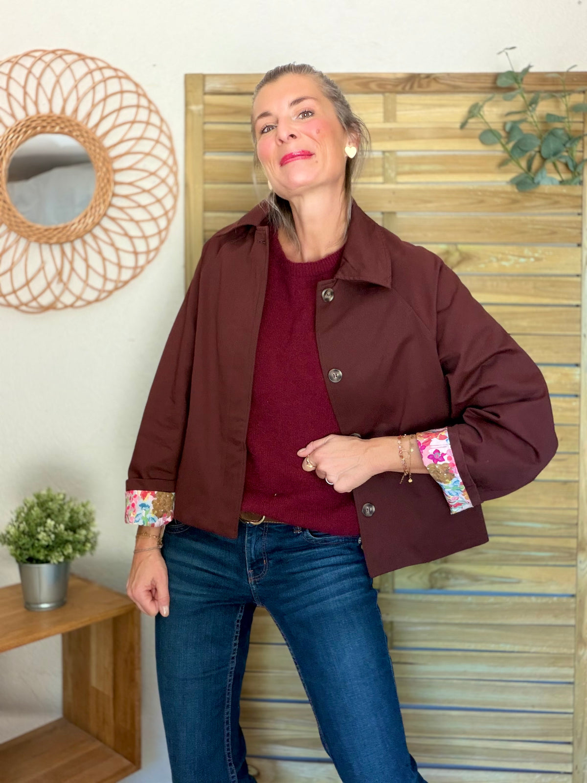 Veste Trench en coton Bordeaux fleuri - MAHAUT - LILI et LALA