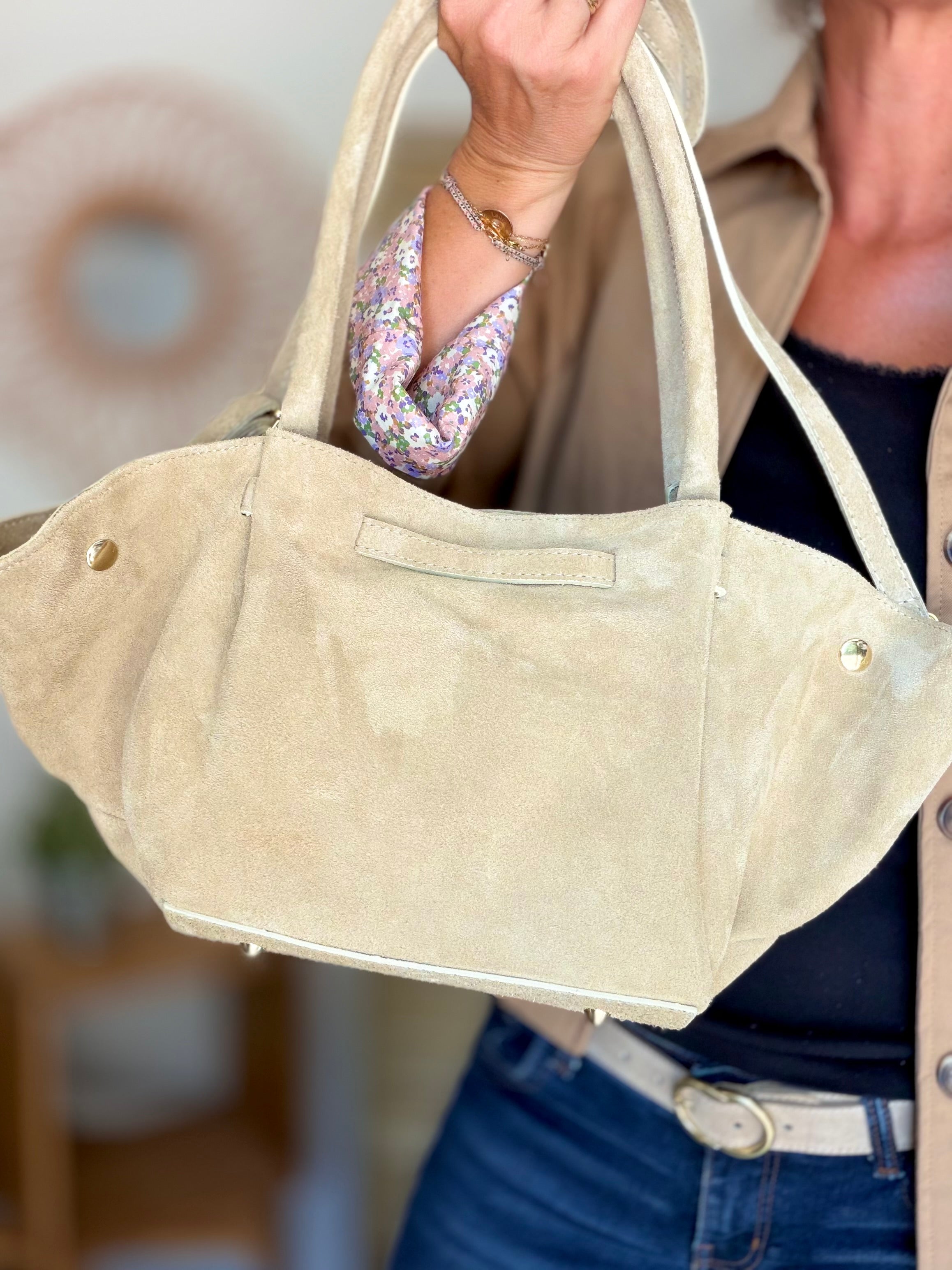 Sac cabas en cuir daim HANA - Beige