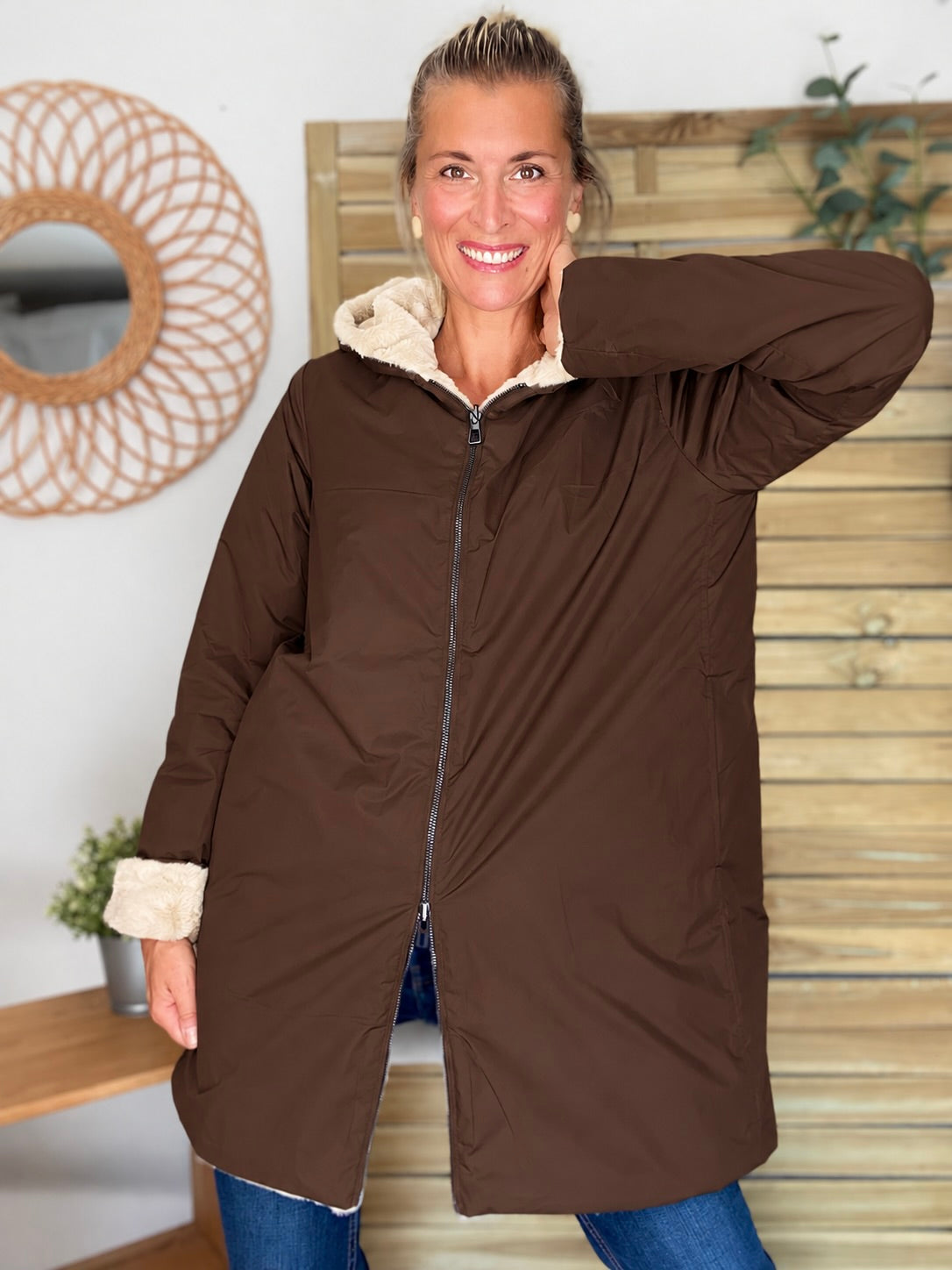 LAURA JO - Parka Imperméable réversible fourrée Chocolat ALIX Long
