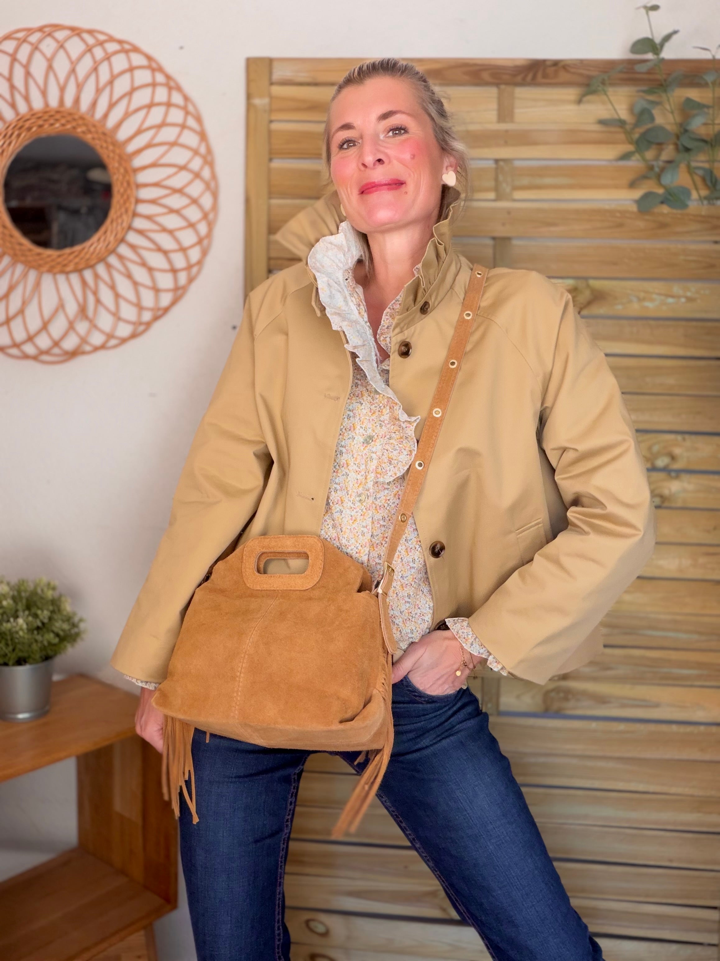 Sac en cuir daim avec franges LOGAN - Camel
