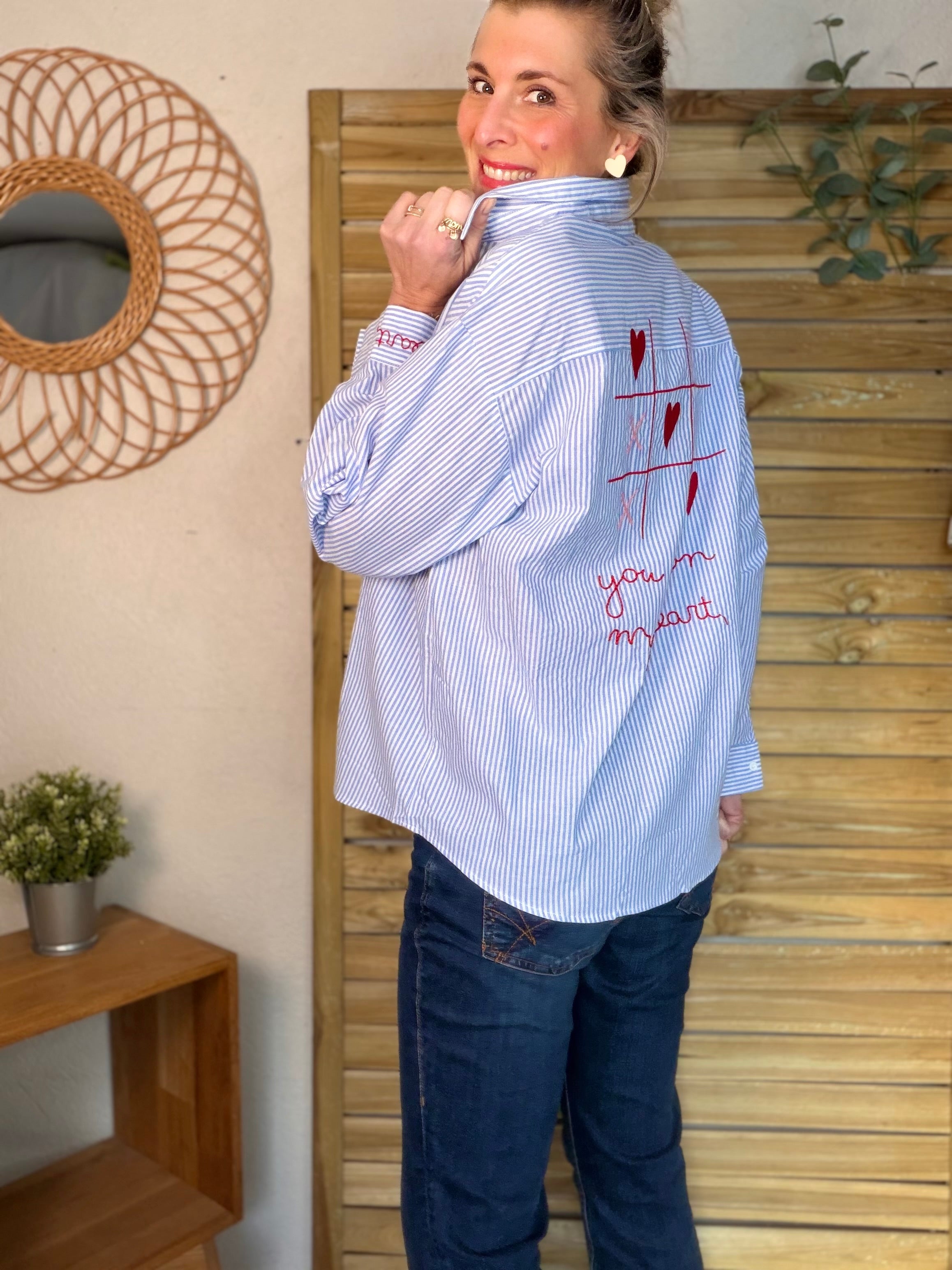 Chemise bleue rayée brodée YOU WON MY HEART ❤️ MAUREEN