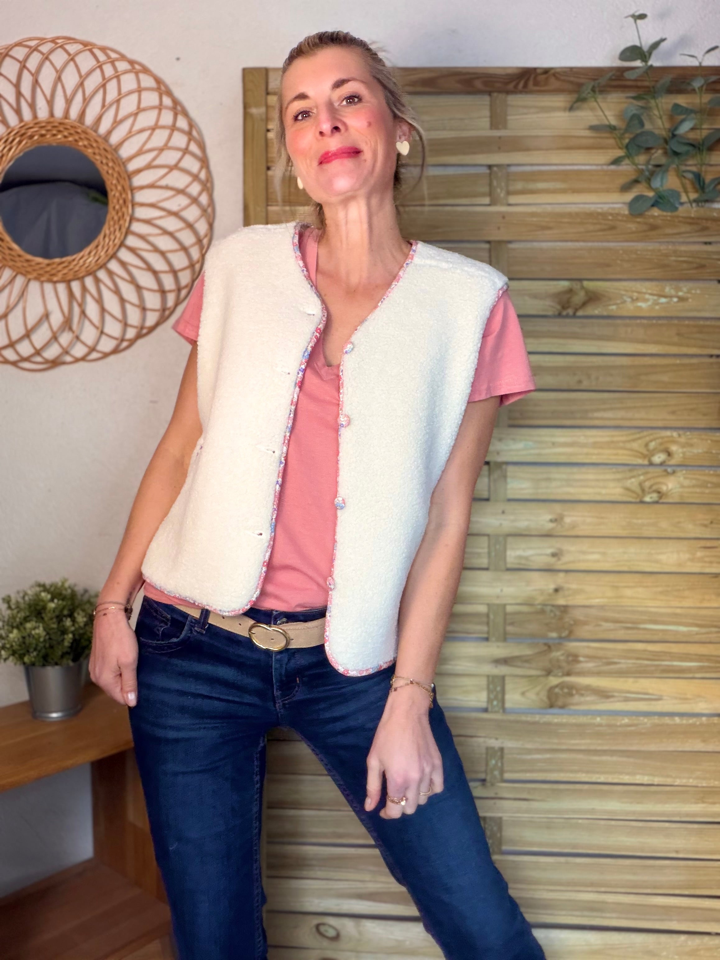 Gilet sans manche moumoute et Liberty LUCIE