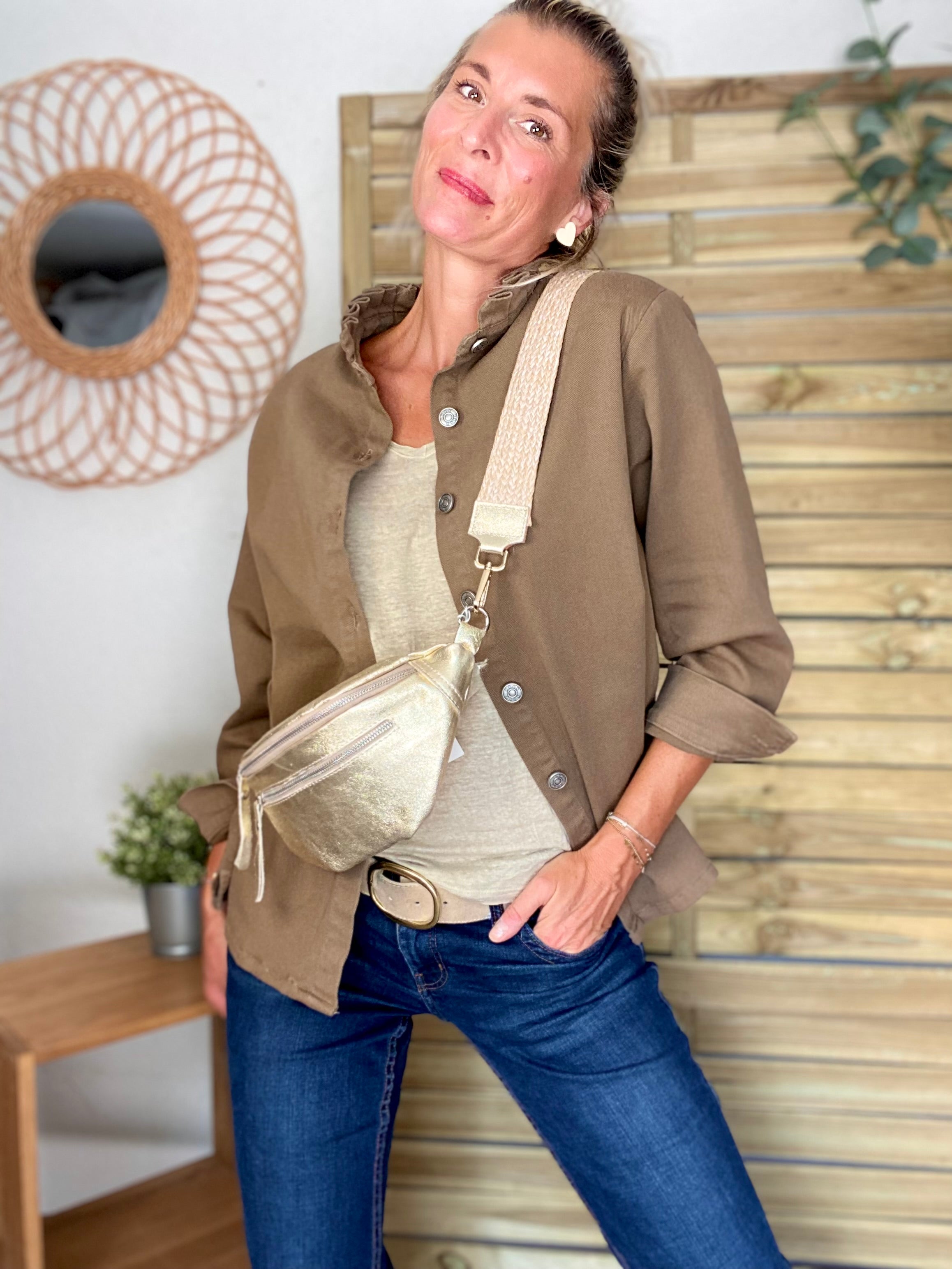Veste / Chemise en coton, col volanté Camel foncé LISON