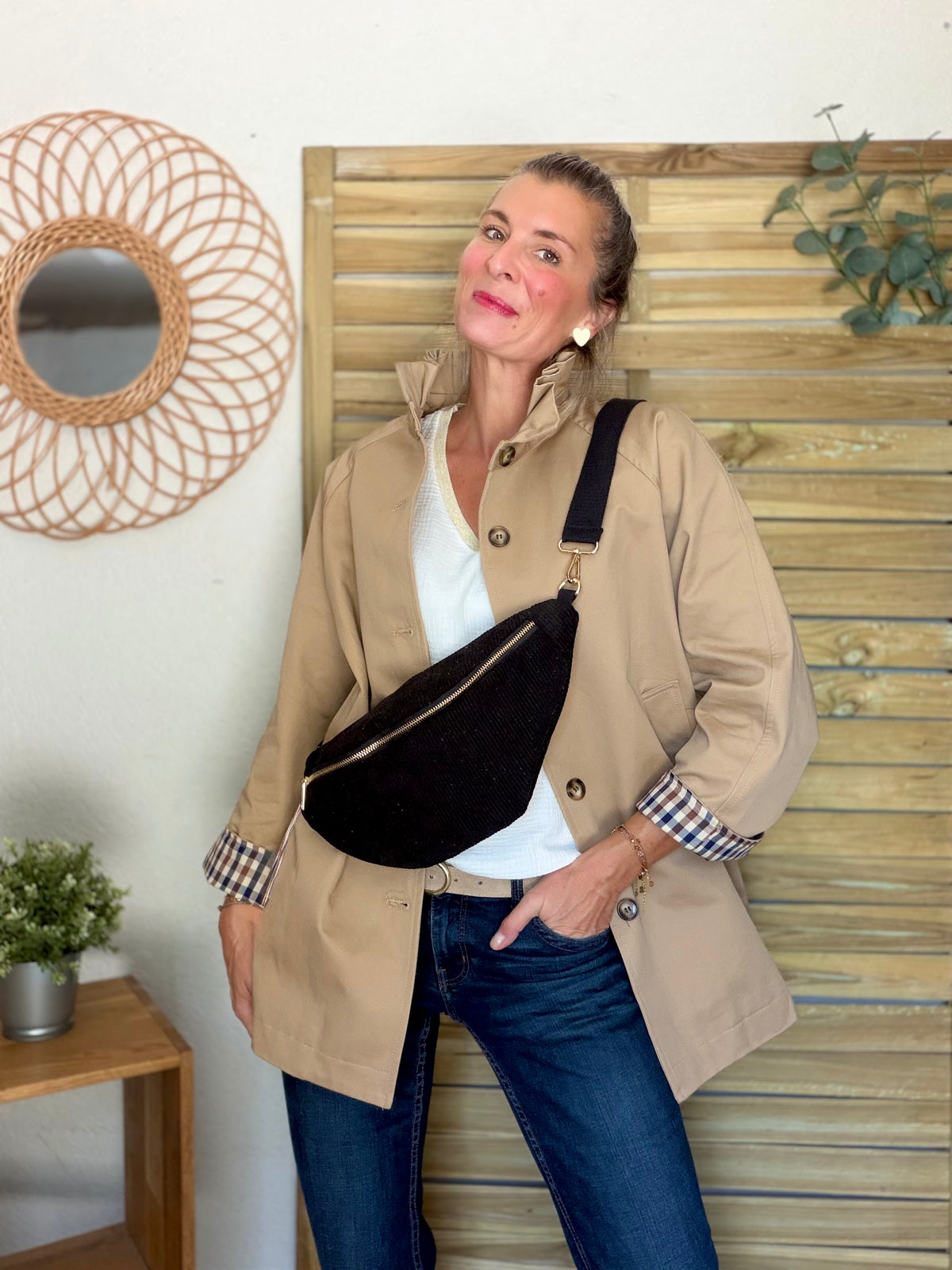 Veste Trench mi-long col victorien avec carreaux - ANDY Beige taupe
